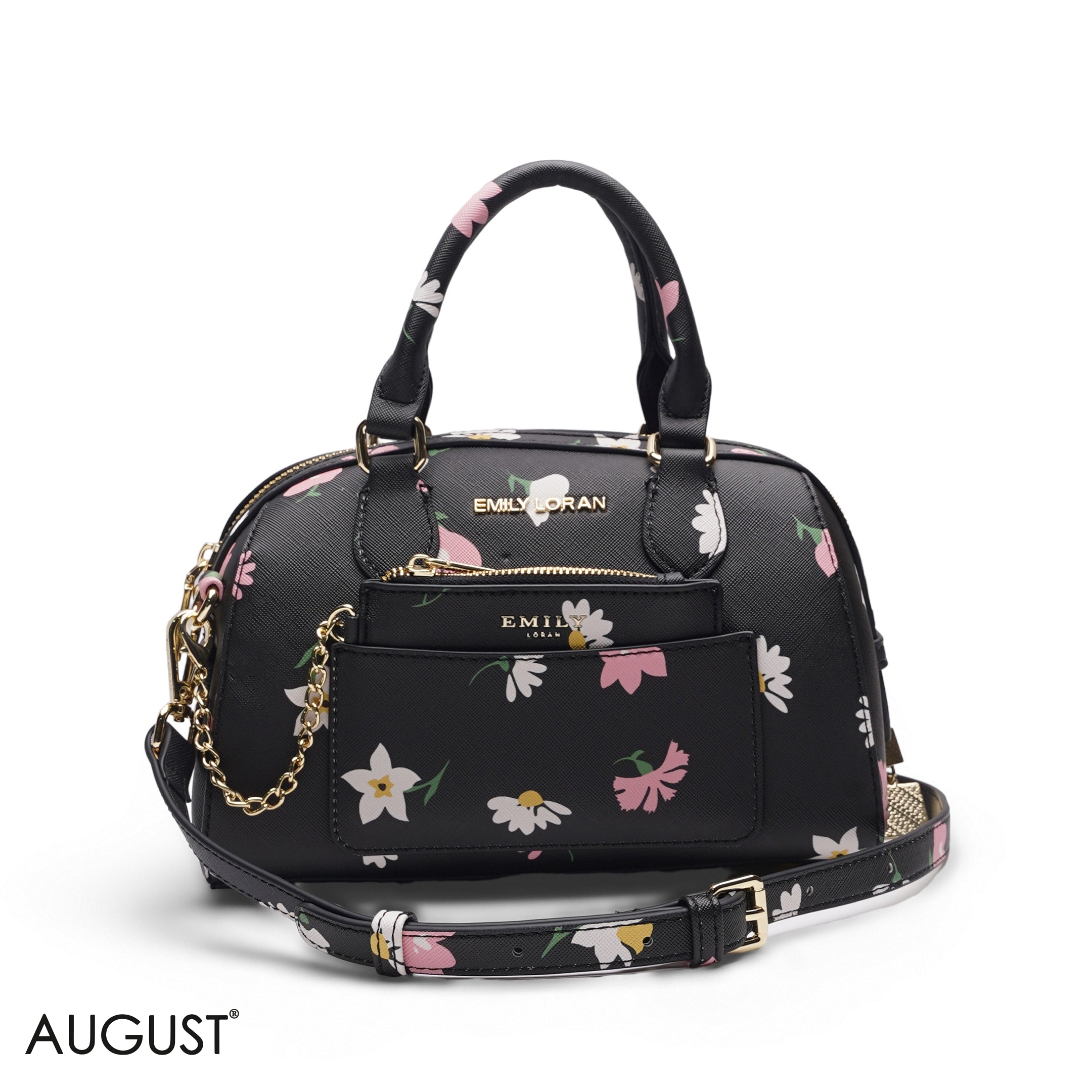 BLACK FLORAL BAG WITH FRONT POUCH - SMALL