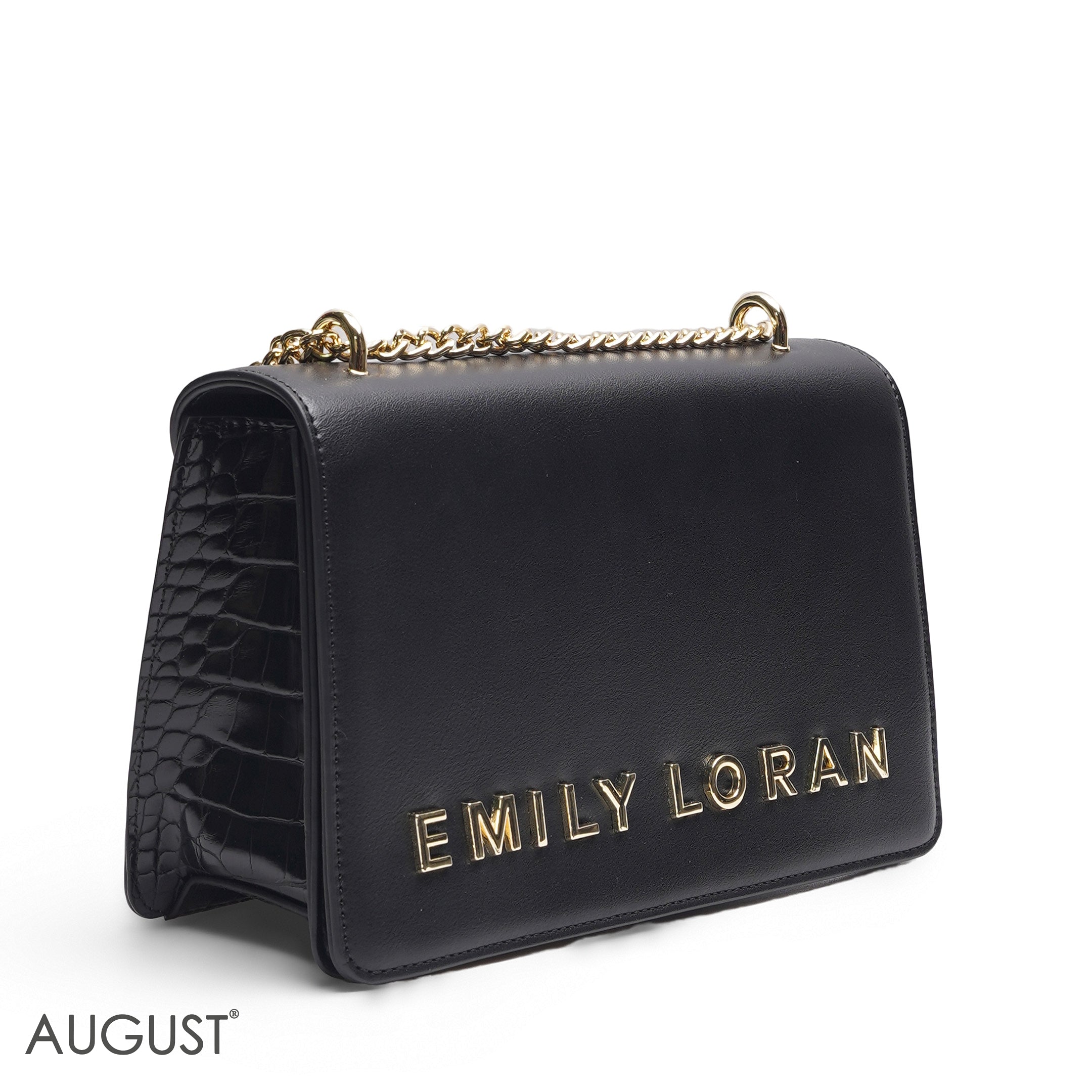 EMILY LORAN SOLID BLACK METALLIC LOGO FLAP BAG