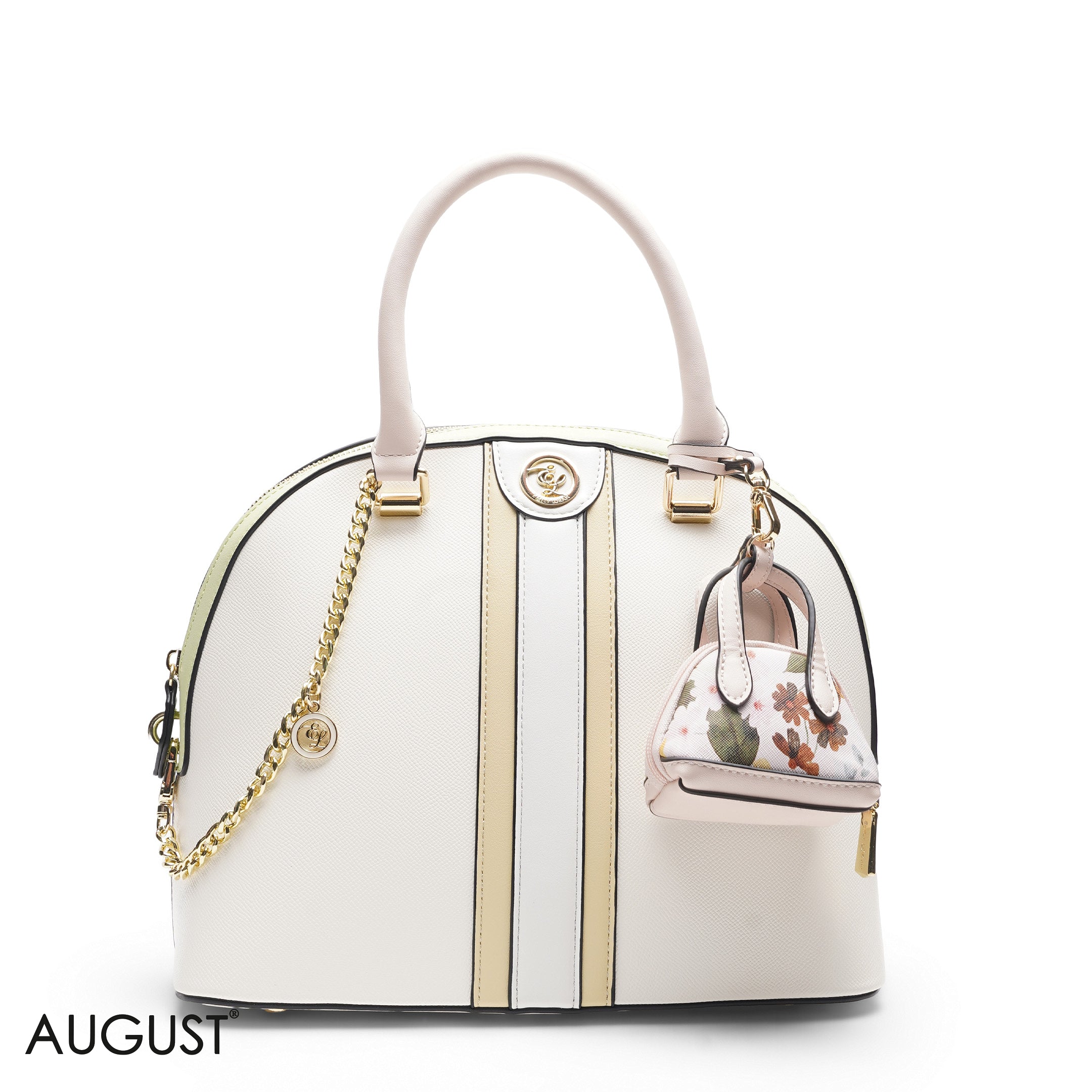 WHITE & YELLOW DOME BAG WITH PINK FLORAL PRINT - LARGE