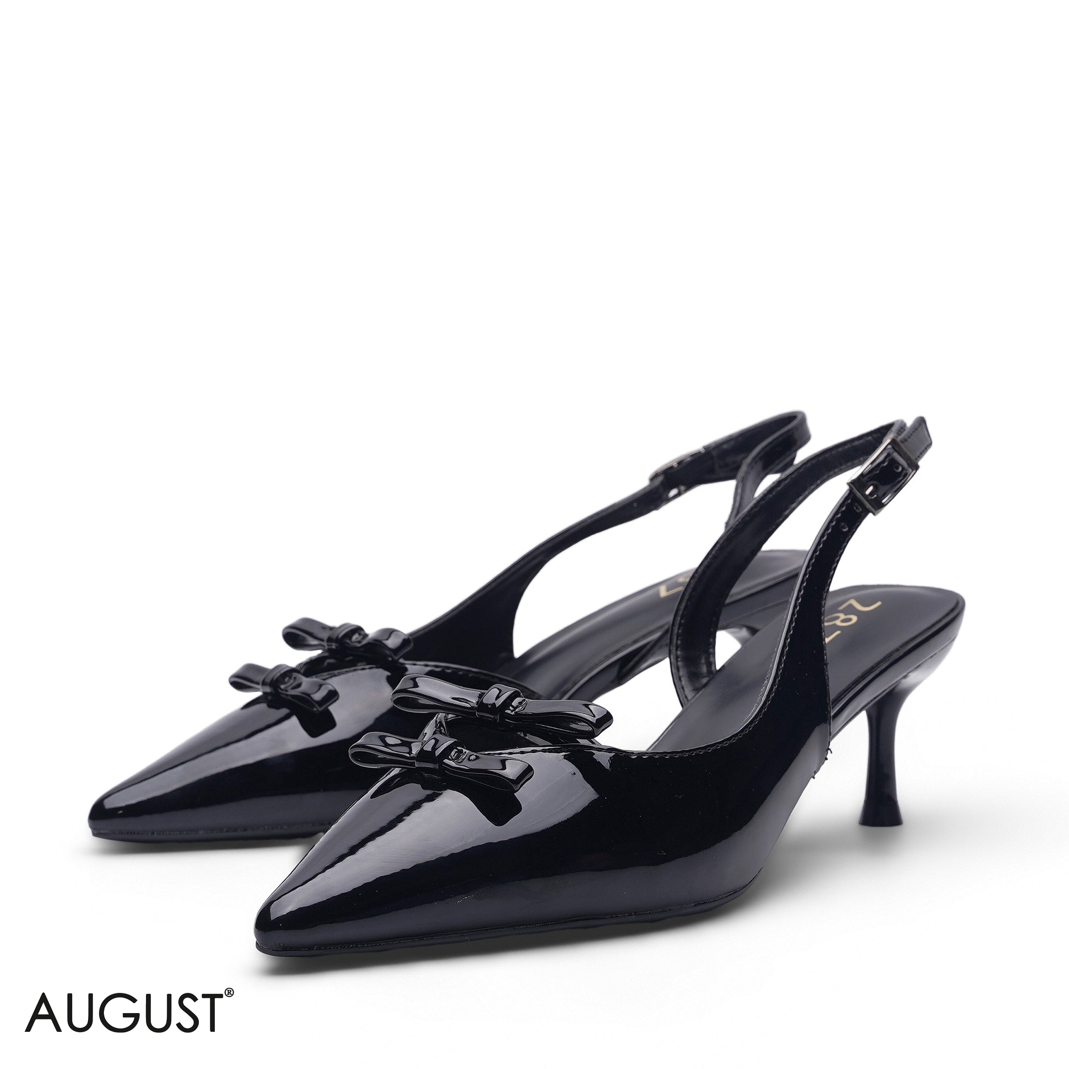 BLACK GLOSSY PATENT LEATHER BOW ACCENT POINTED SLINGBACK HEELS