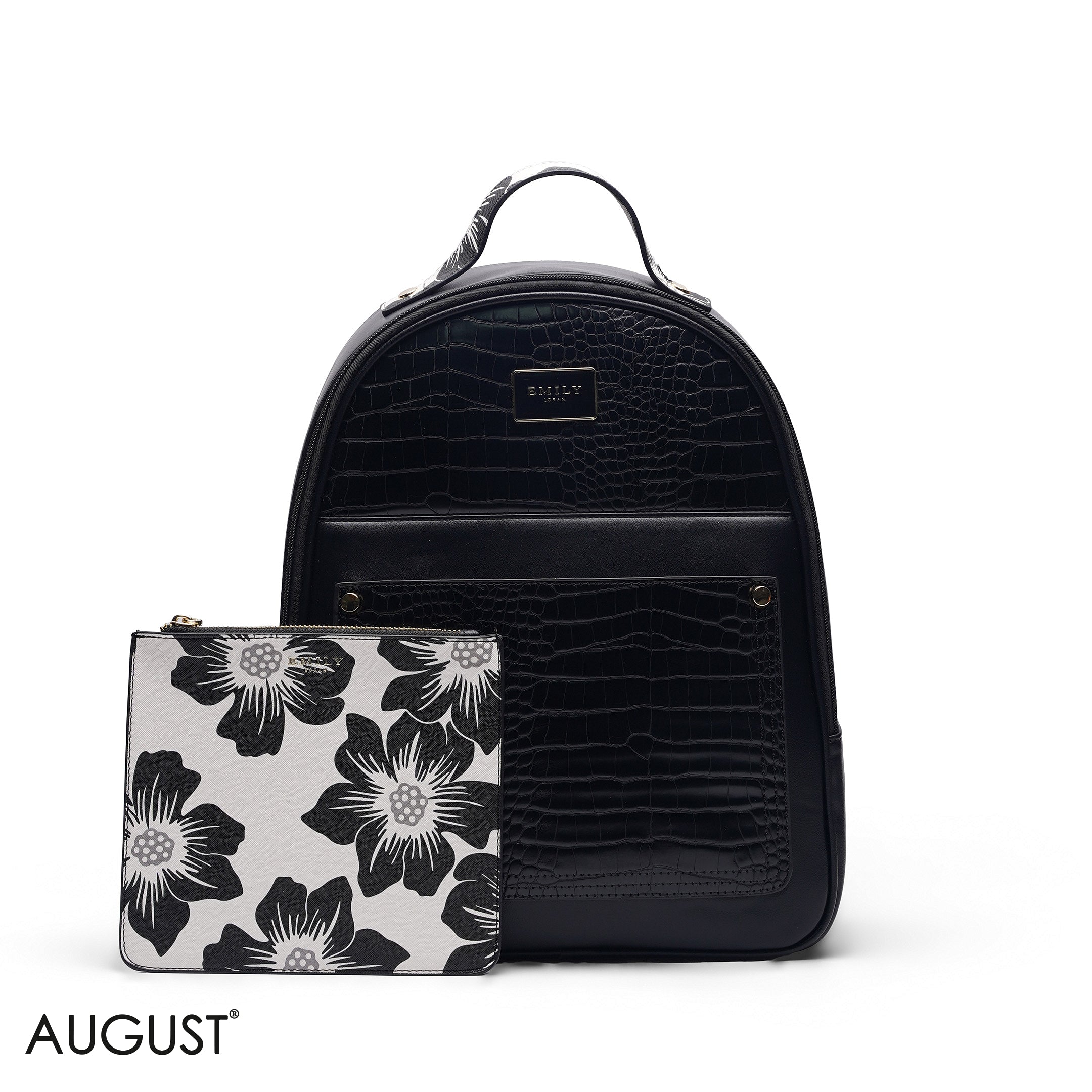 BLACK BACKPACK BAG WITH FLORAL FRONT POUCH - LARGE