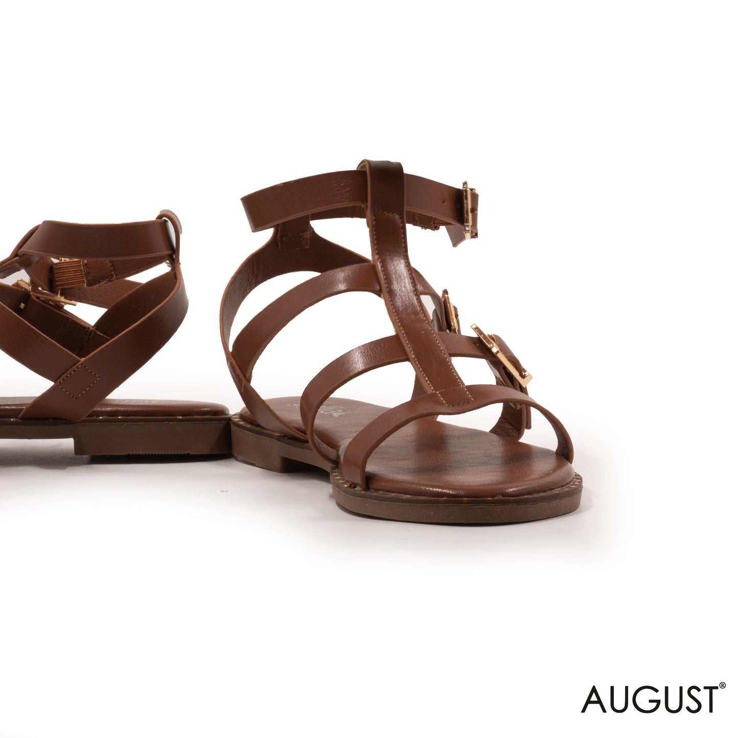 BROWN LEATHER FLAT SANDALS WITH STRAPPY BUCKLES