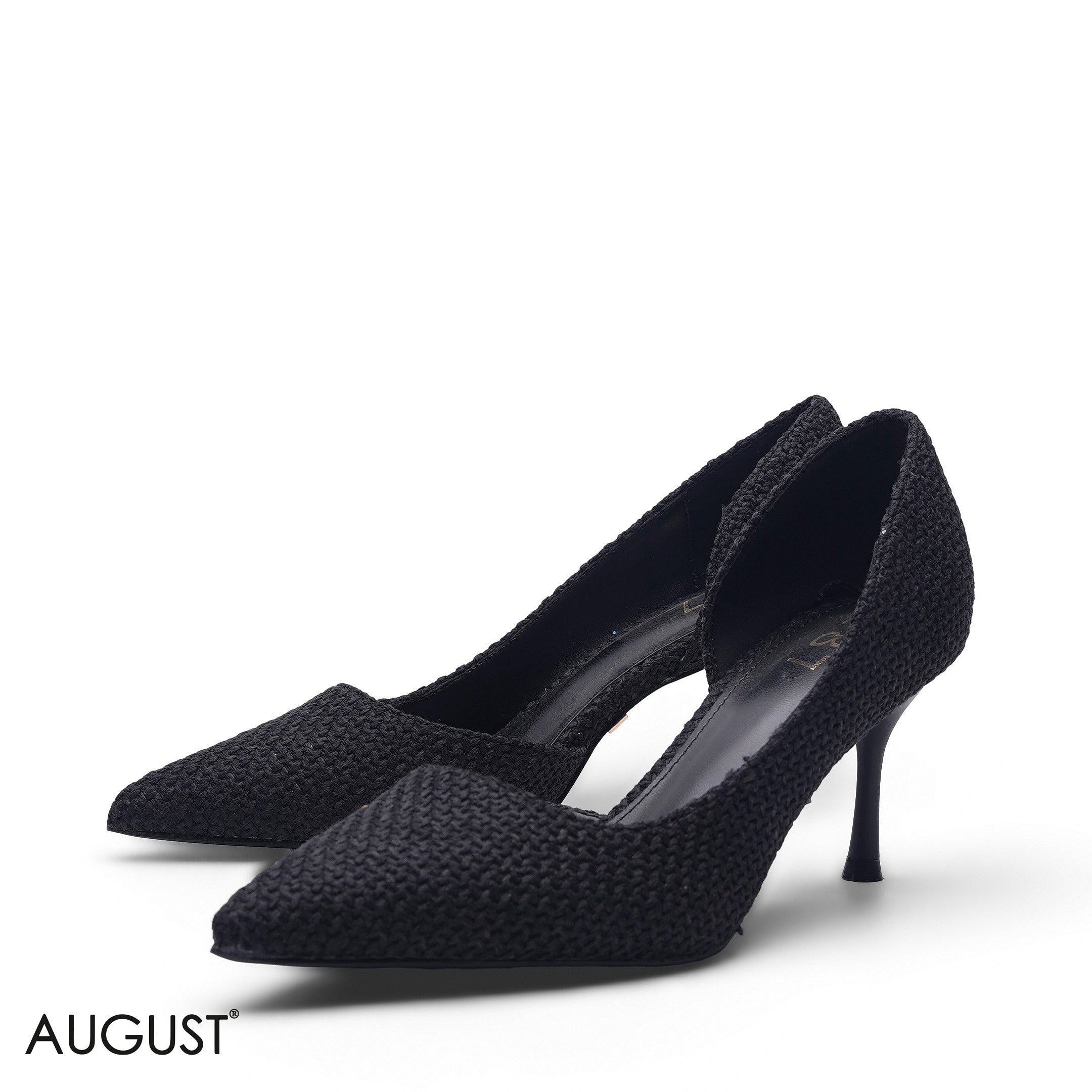 BLACK WOVEN TEXTURE POINTED-TOE D'ORSAY PUMPS