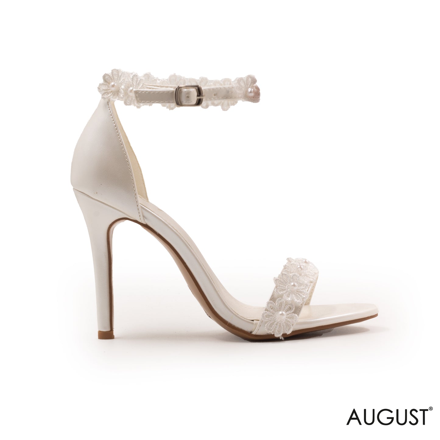 BRIDE SMOOTH LEATHER HEELED SANDALS WITH LACE AND PEARLS