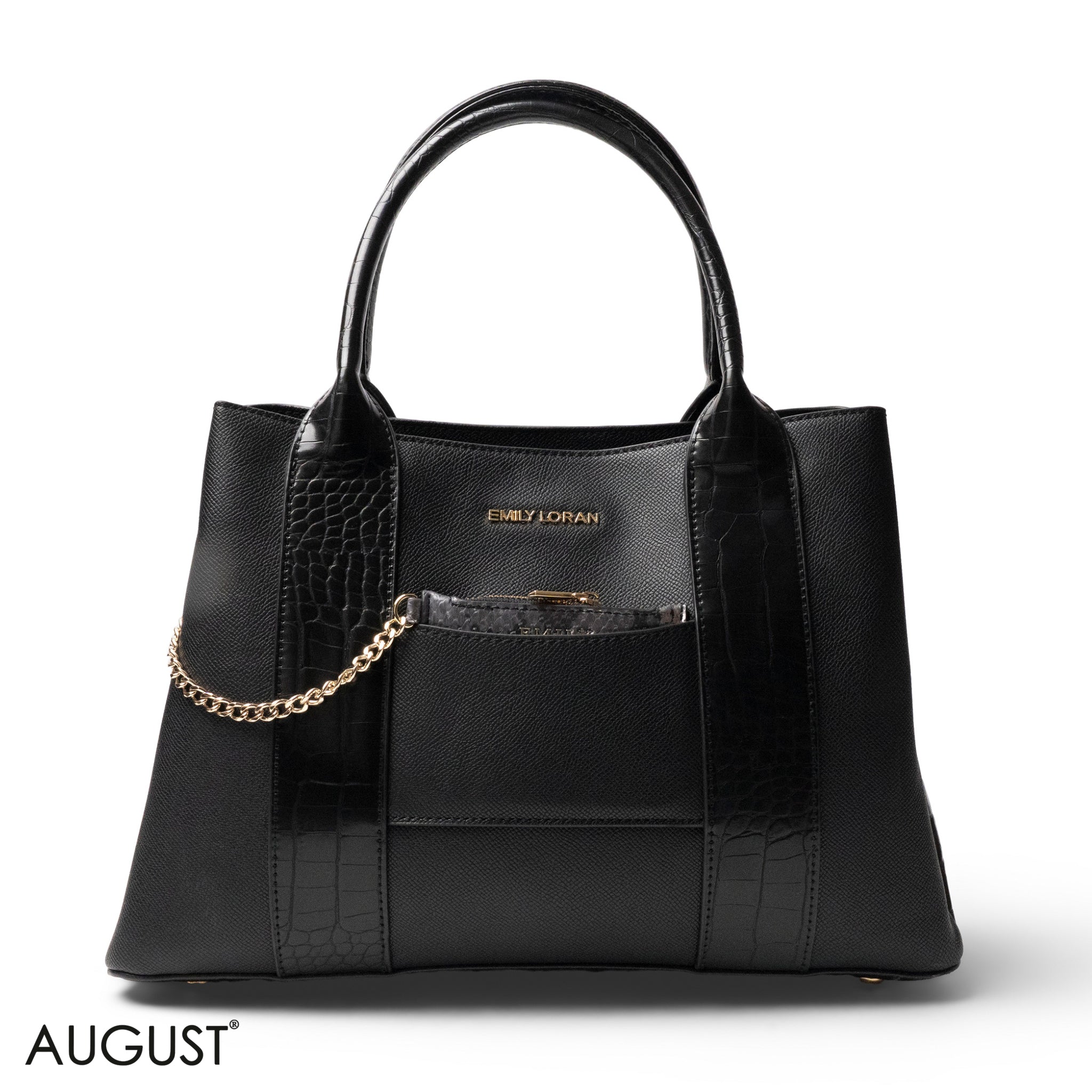 BLACK SMOOTH LEATHER HANDBAG WITH CROC DESIGN -LARGE