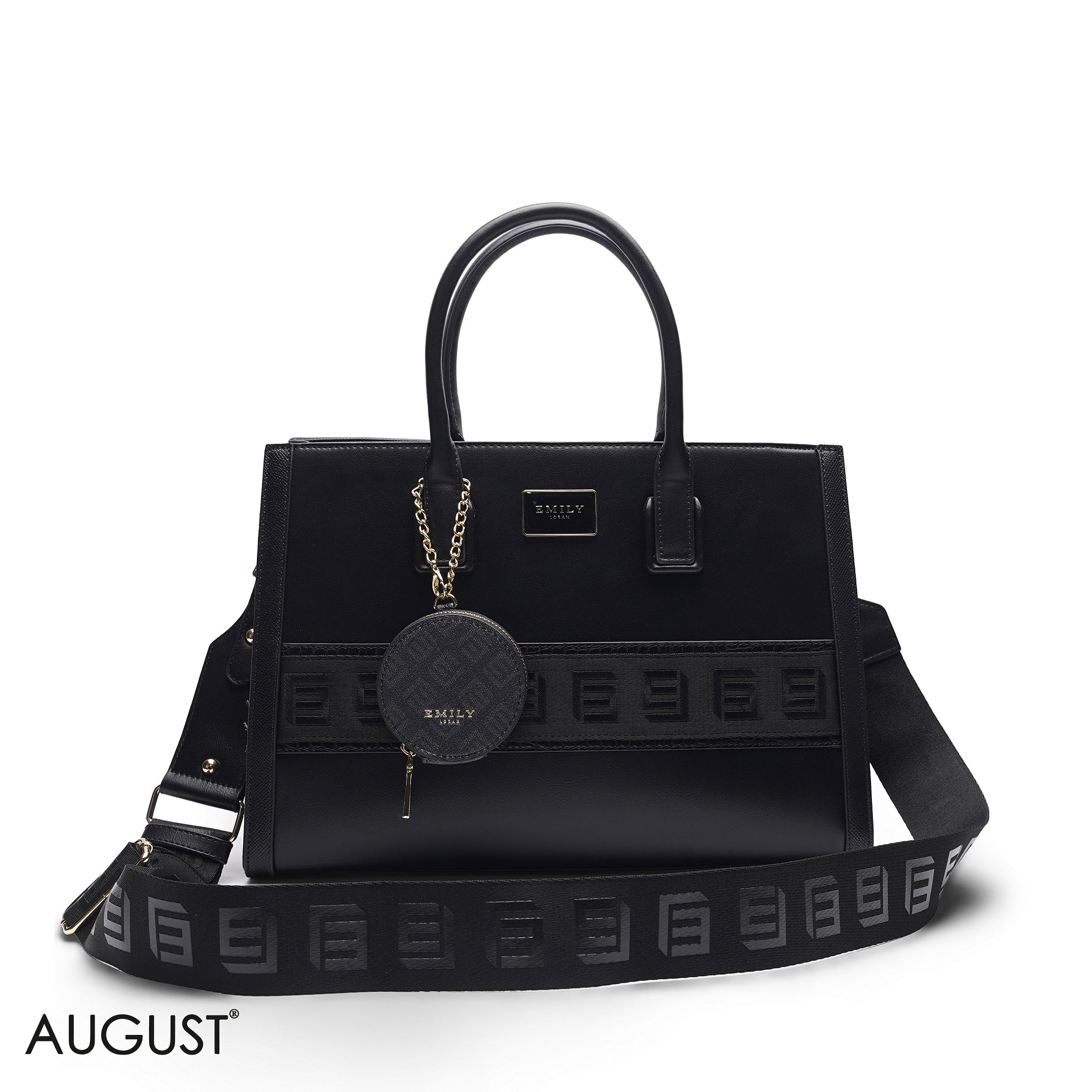 BLACK SOLID TOTE WITH STRAP & ROUND POUCH
