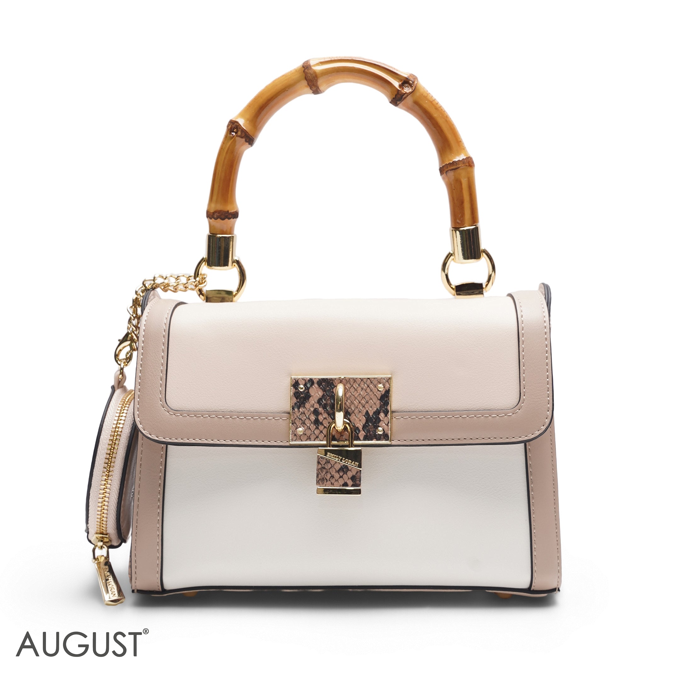 BEIGE & PINK BAMBOO HANDLE BAG WITH ROUND POUCH