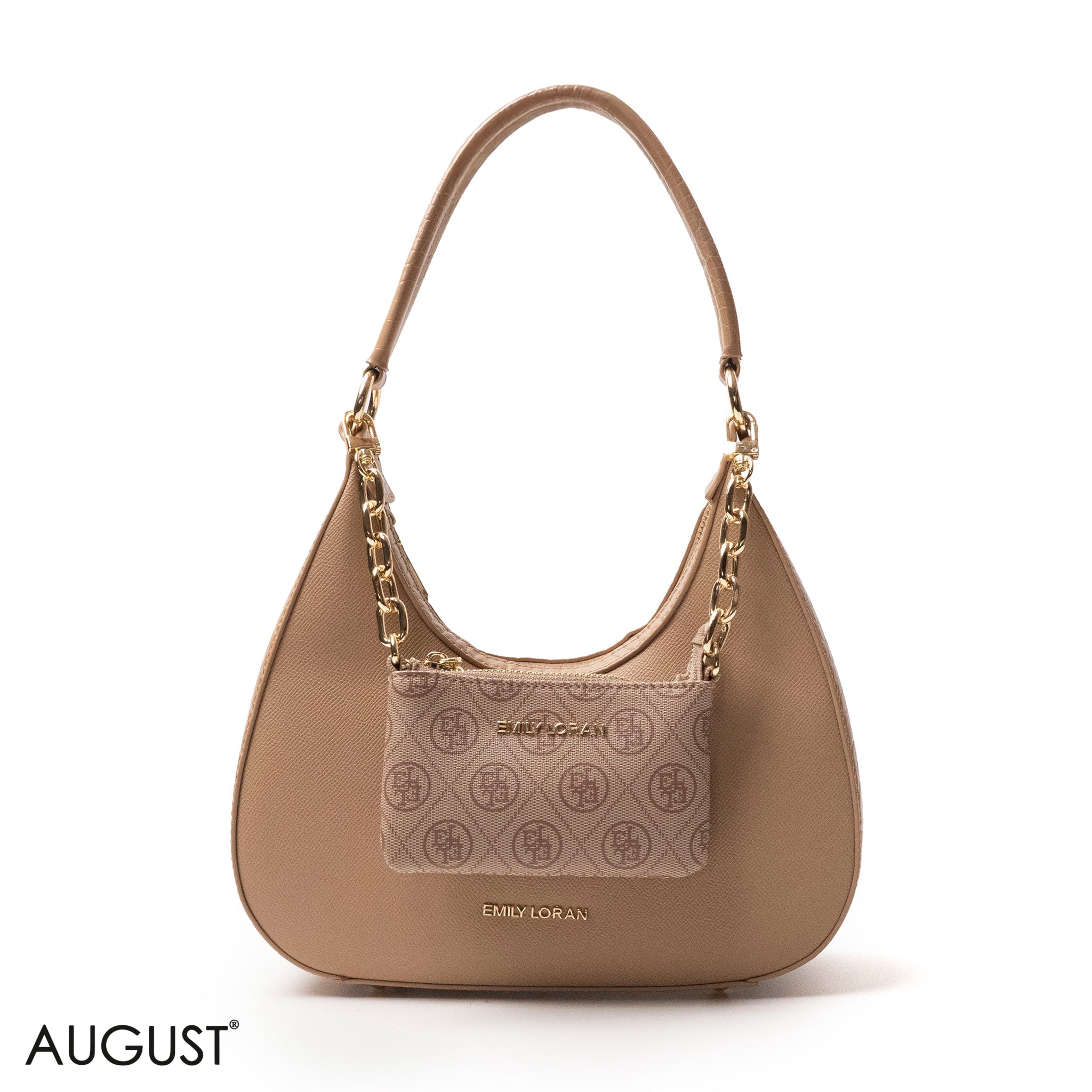 MODERN BEIGE LEATHER HANDBAG WITH METAL CHAIN - MED
