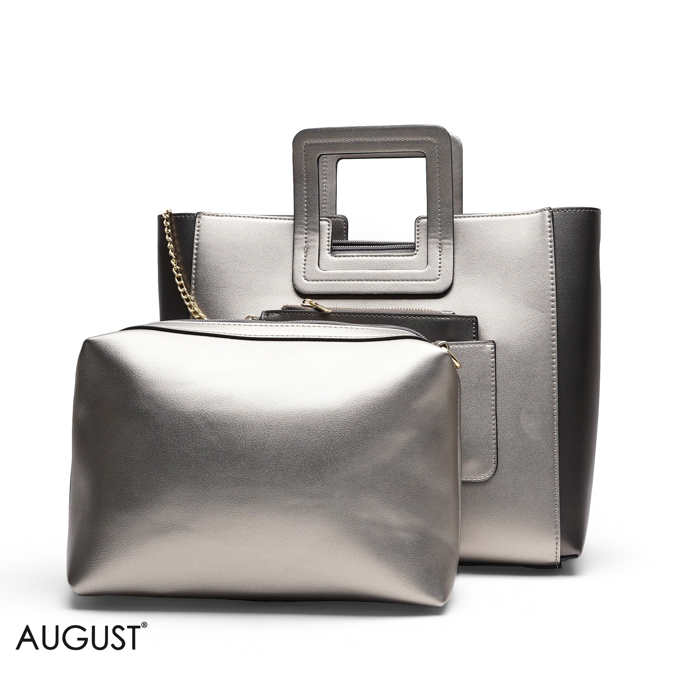 SILVER TEXTURED LEATHER TOTE WITH POUCH BAG