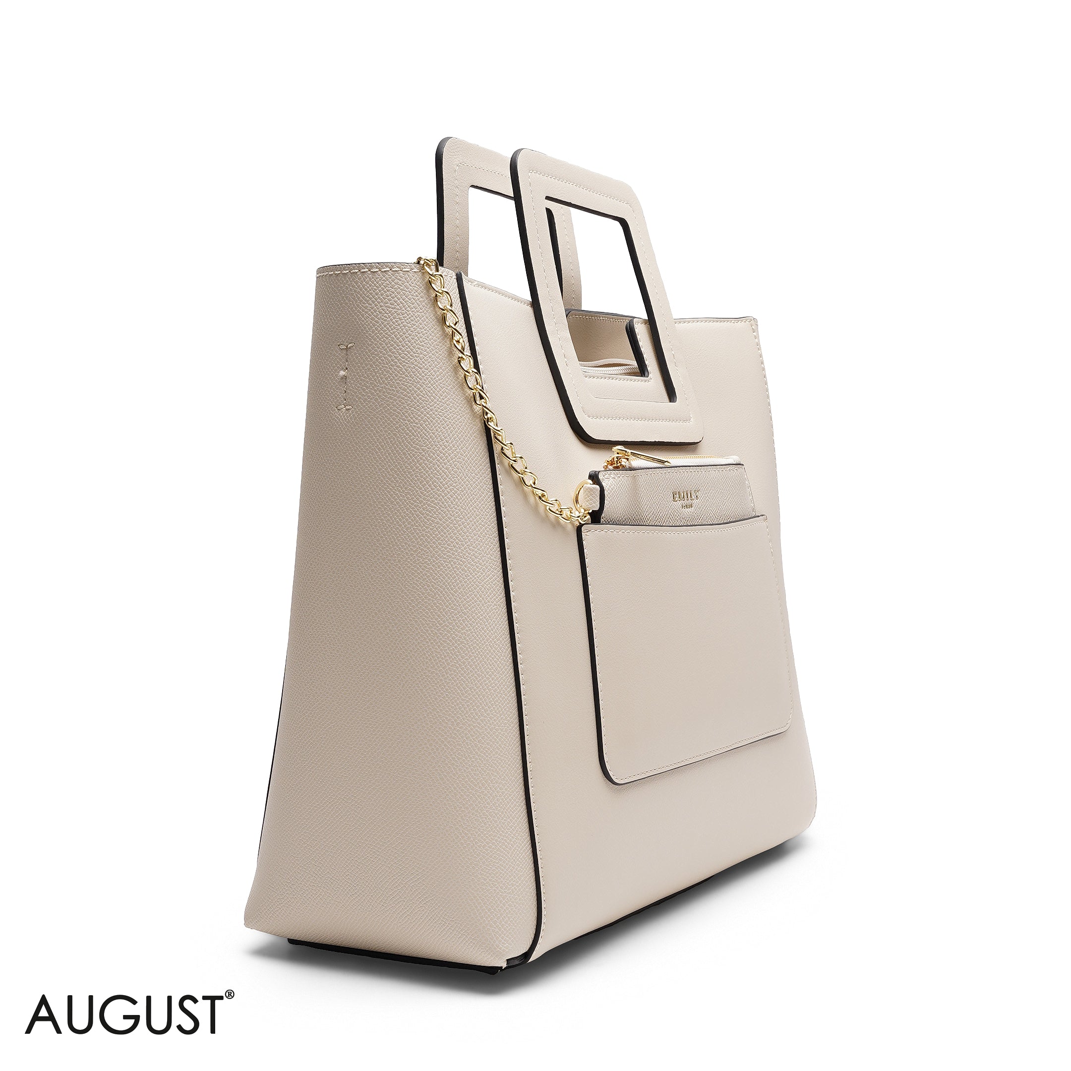 CREAM TEXTURED LEATHER TOTE WITH SNAKESKIN POUCH BAG