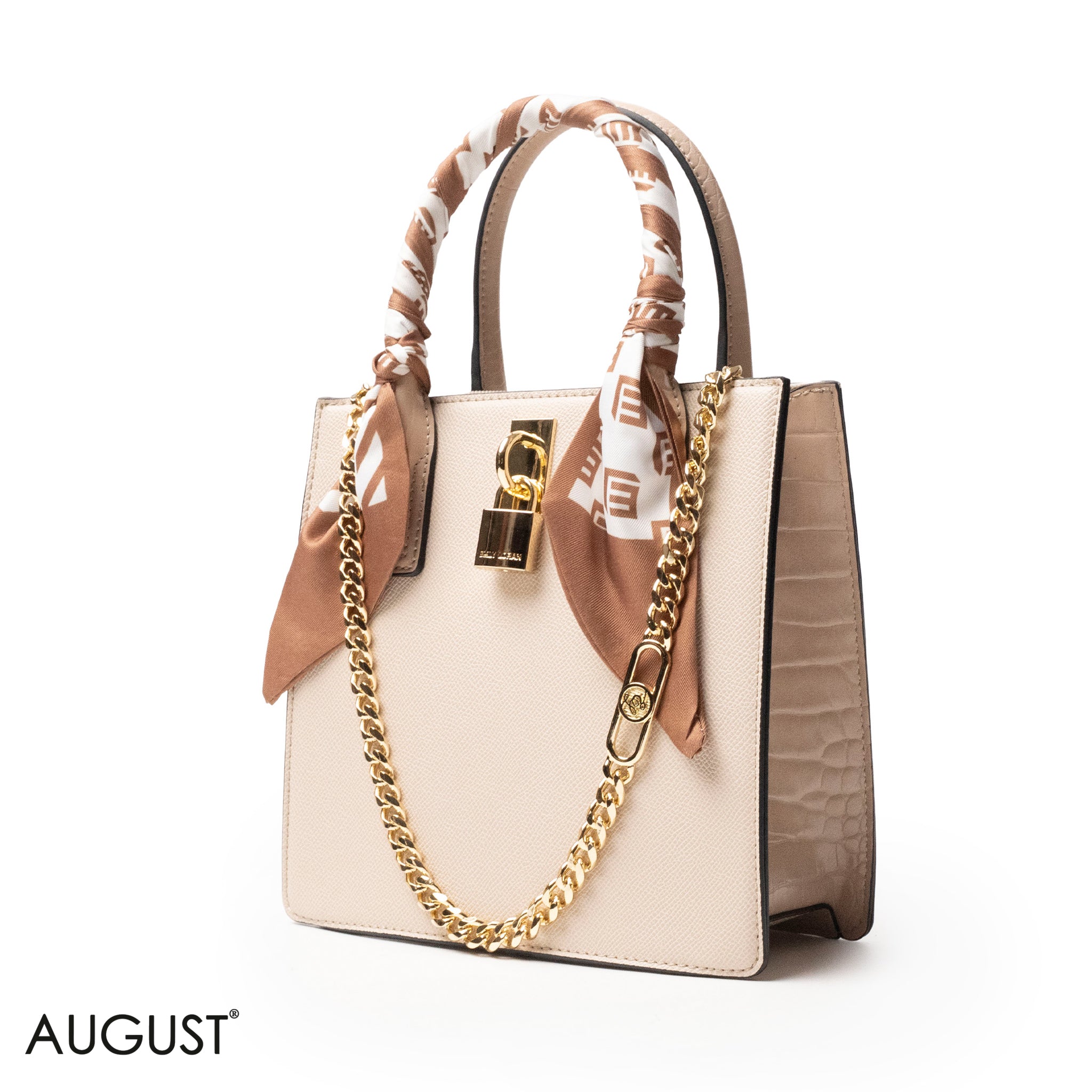 CREAMY LEATHER HANDBAG WITH SILKY SCARF, METAL CHAIN - MED