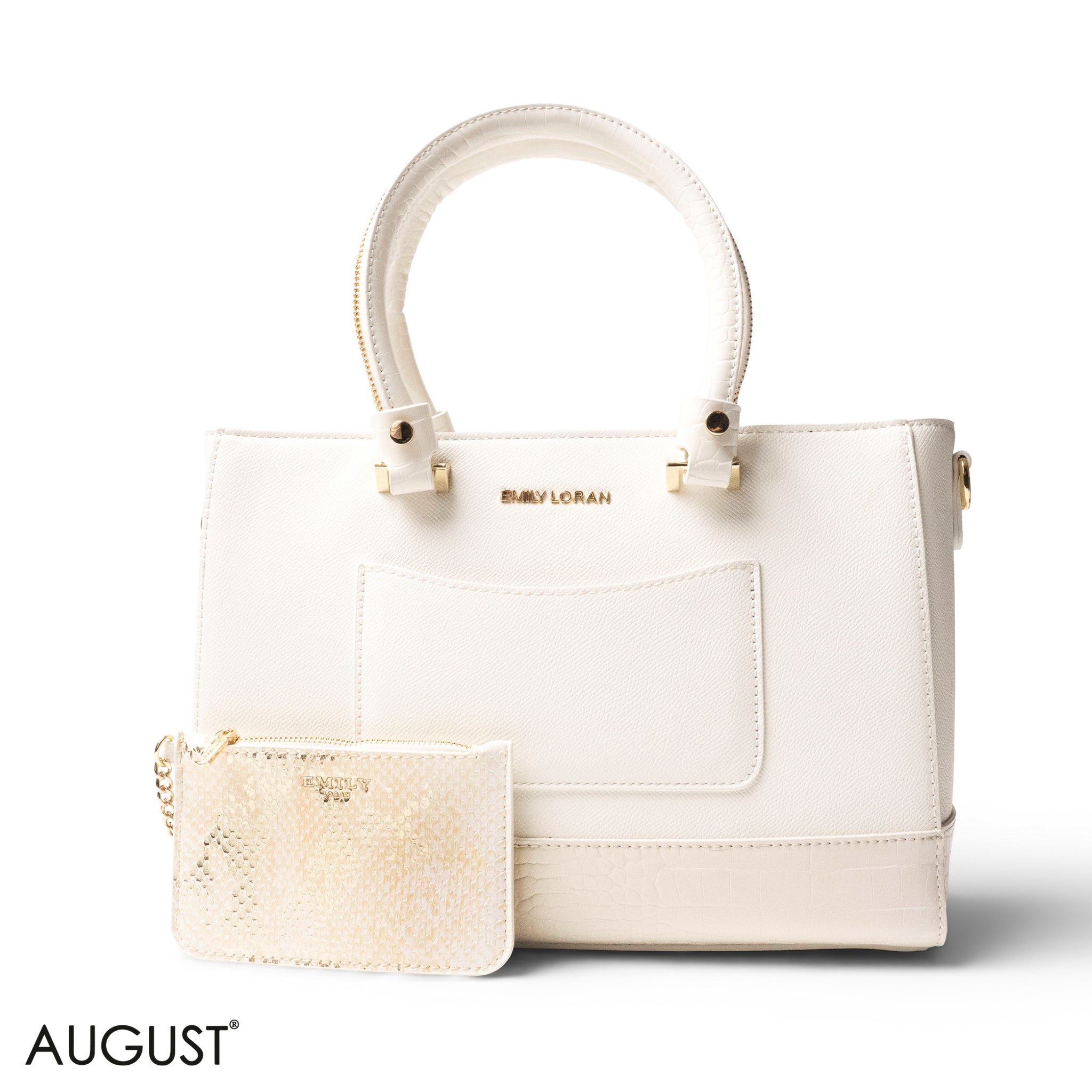 WHITE LEATHER SMOOTH HANDBAG WITH CROC DETAILS-LARGE