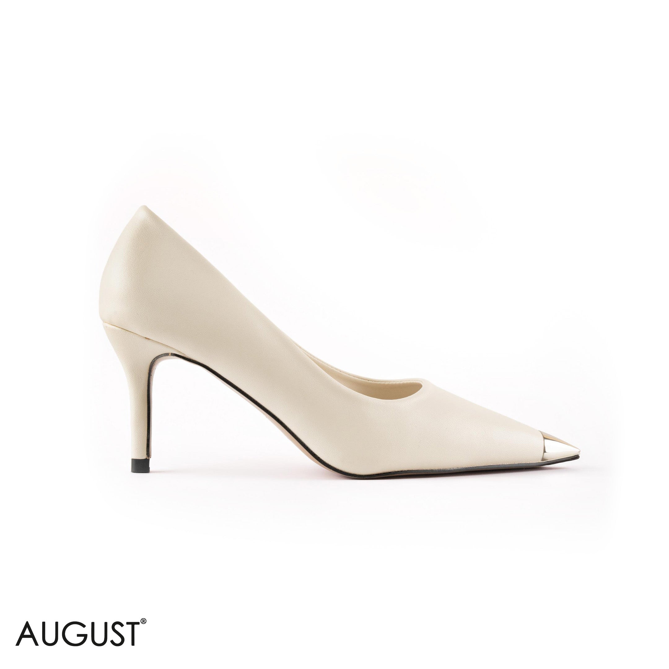 WHITE LEATHER MED- HEEL SHOES METALLIC POINTED TOE