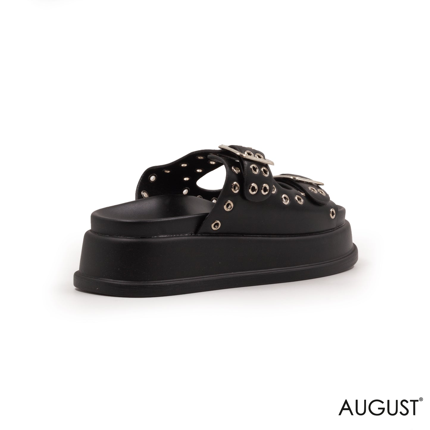 BLACK LEATHER SLIPPERS WITH METAL EYELETS AND BUCKLE
