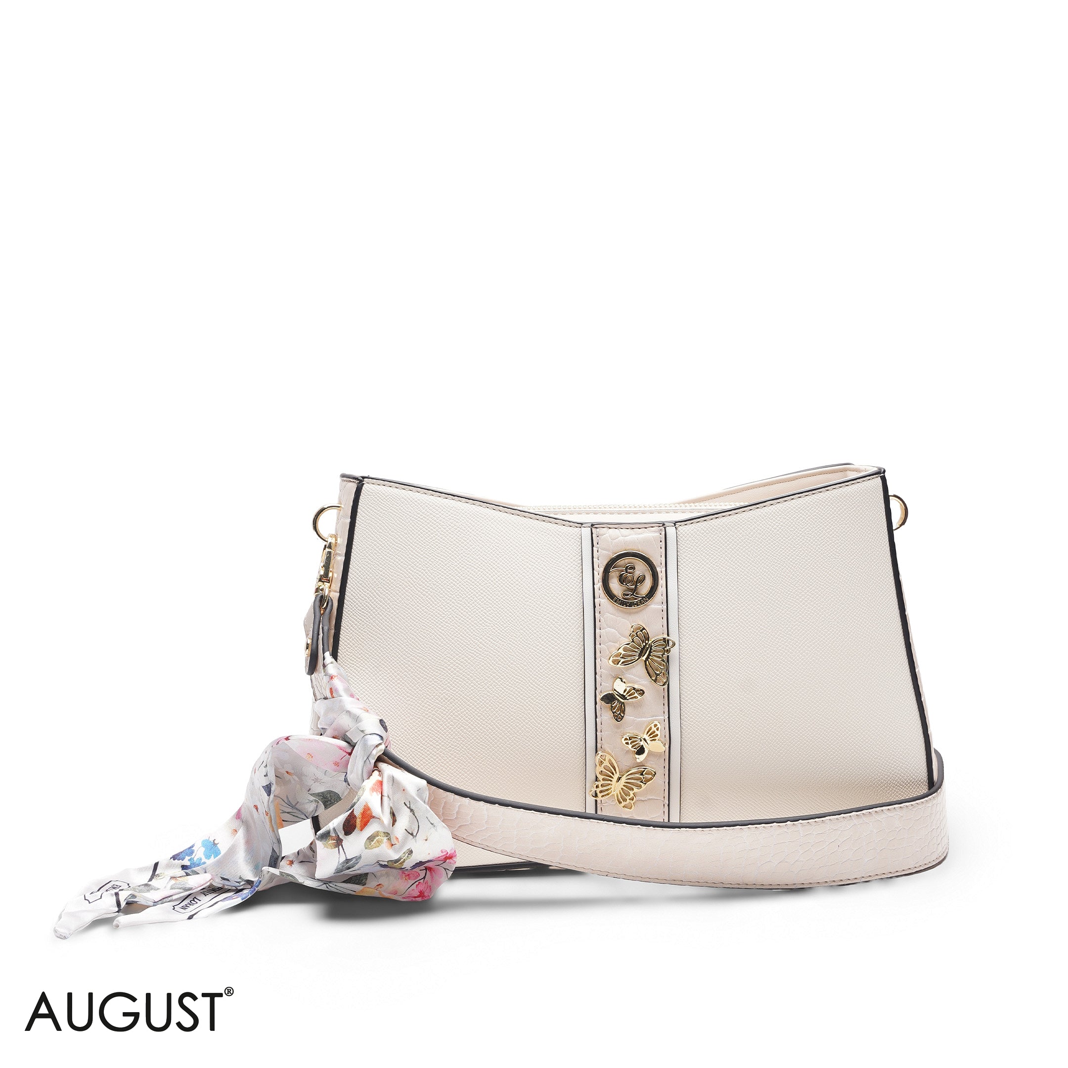 BEIGE FLORAL TOTE WITH SCARF - MED