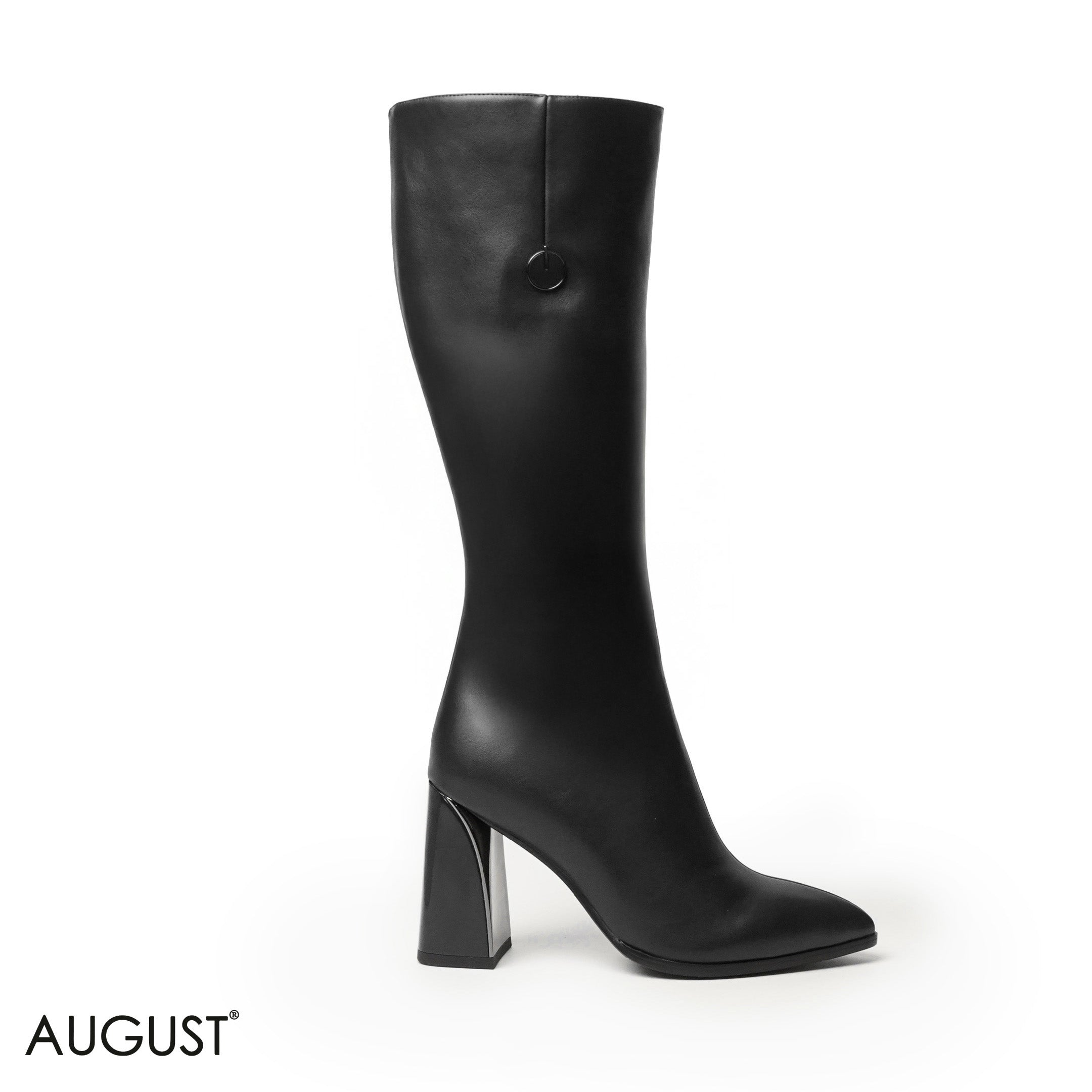 BLACK LEATHER HEELED LONG BOOTS WITH SIDE ZIPPER