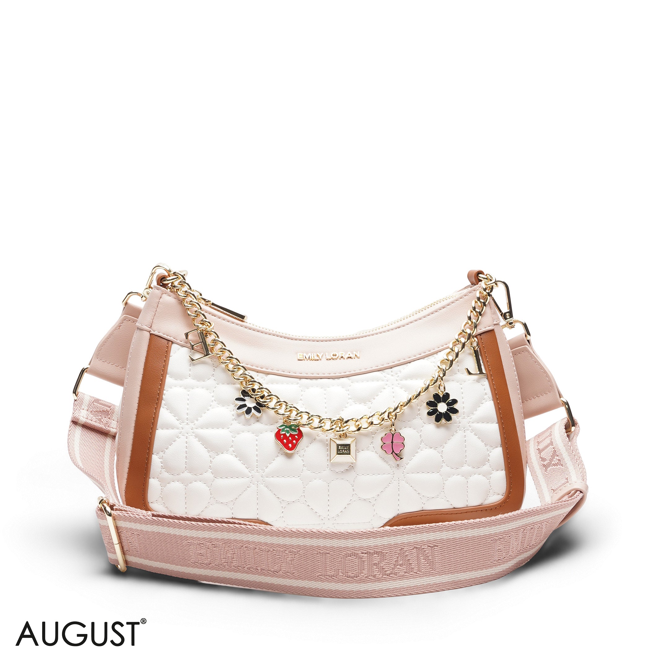 WHITE FLORAL SHOULDER BAG WITH CHAIN STRAP - MED