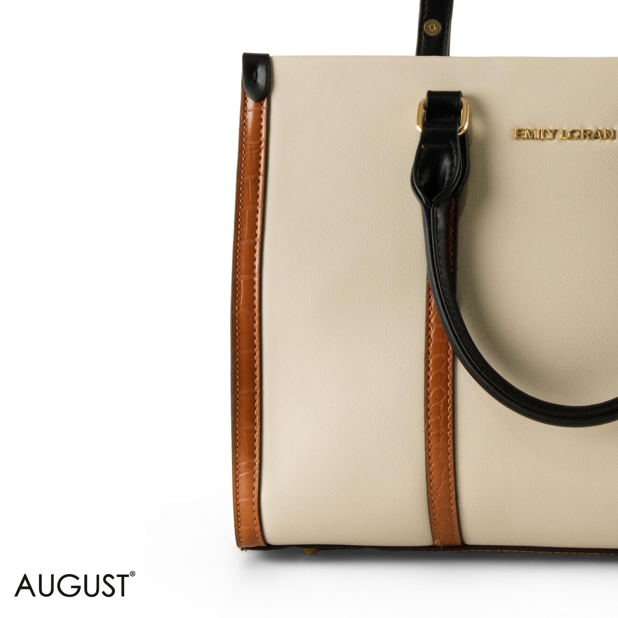 BEIGE EMILY LORAN HANDBAG WITH CAMEL LEATHER TRIM -MED