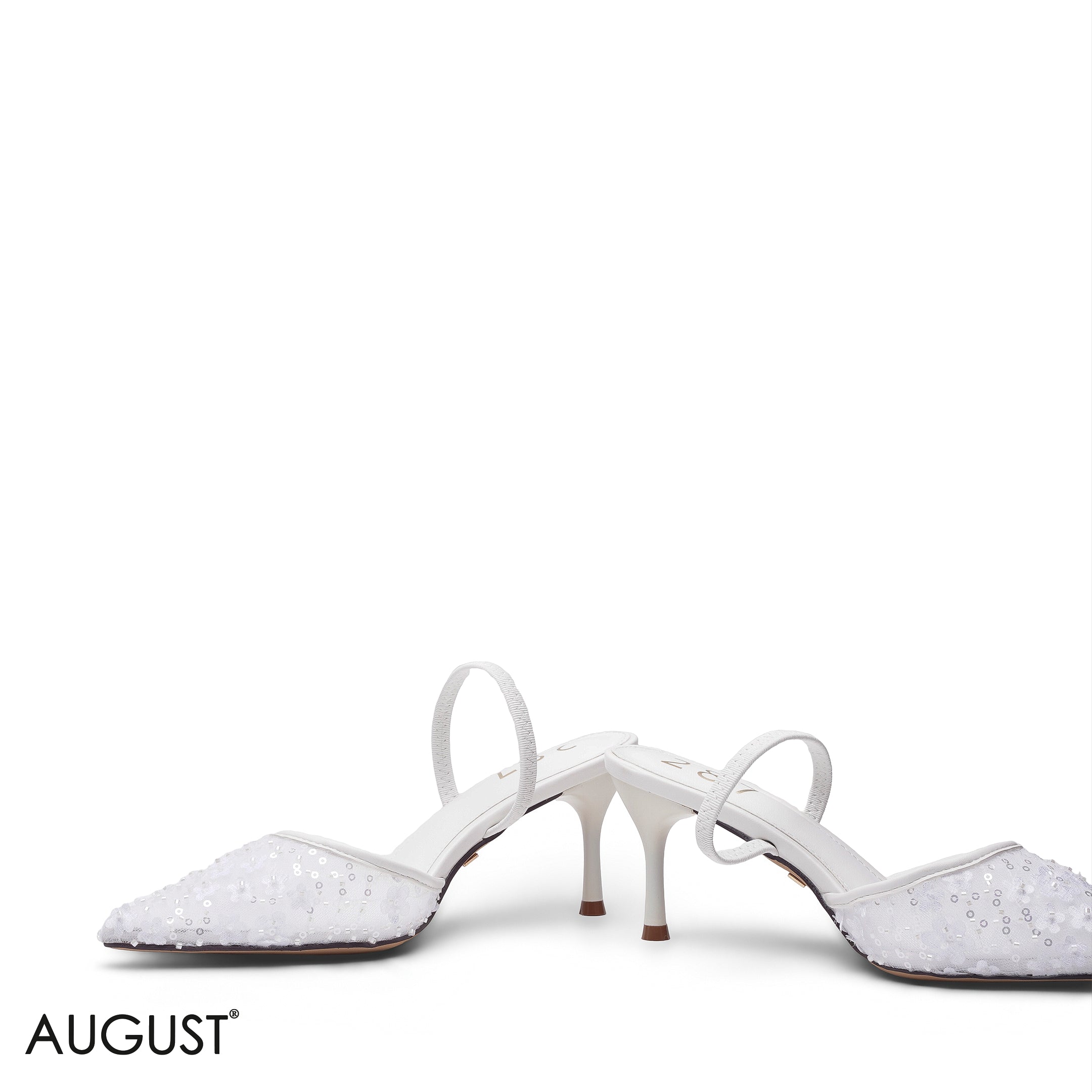 WHITE SEQUIN EMBROIDERED MESH SLINGBACK HEELS