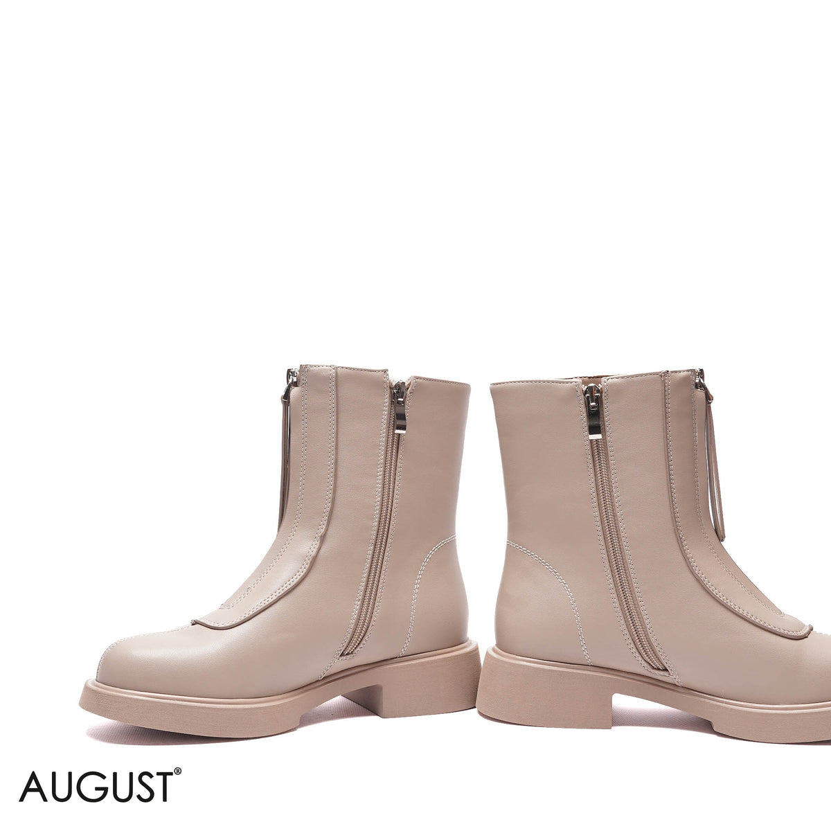 FRONT-ZIP BLOCK HEEL ANKLE BOOTS