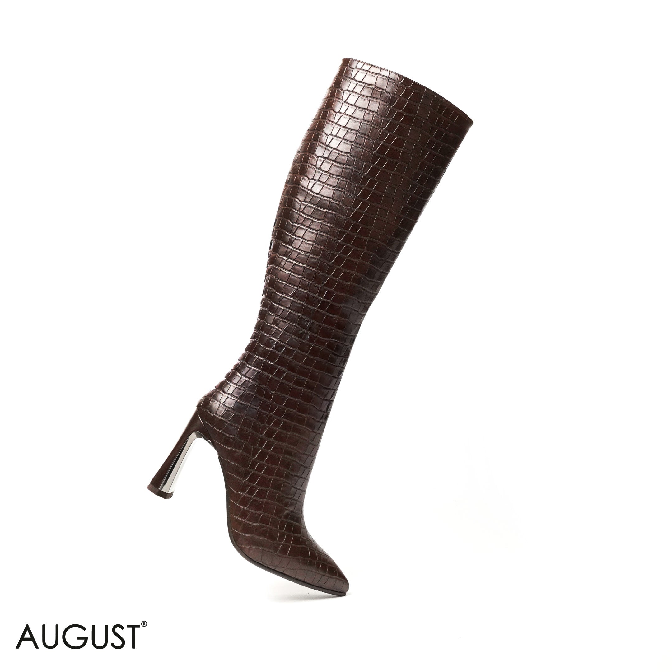 BROWN CROC LEATHER HEELED LONG BOOTS WITH SIDE ZIPPER