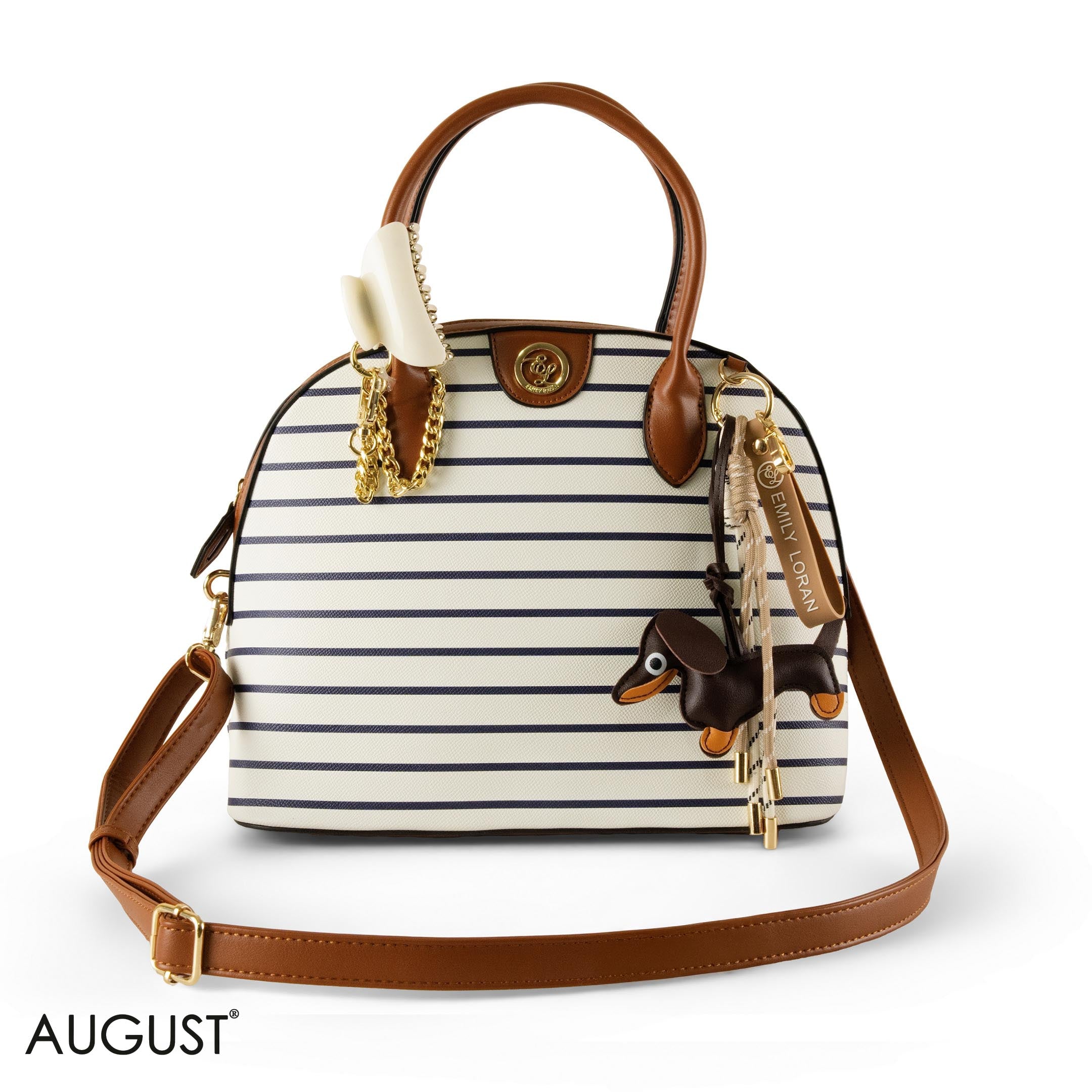 STRIPPED NAVY LEATHER HANDBAG WITH ACCESSORIES - LARGE