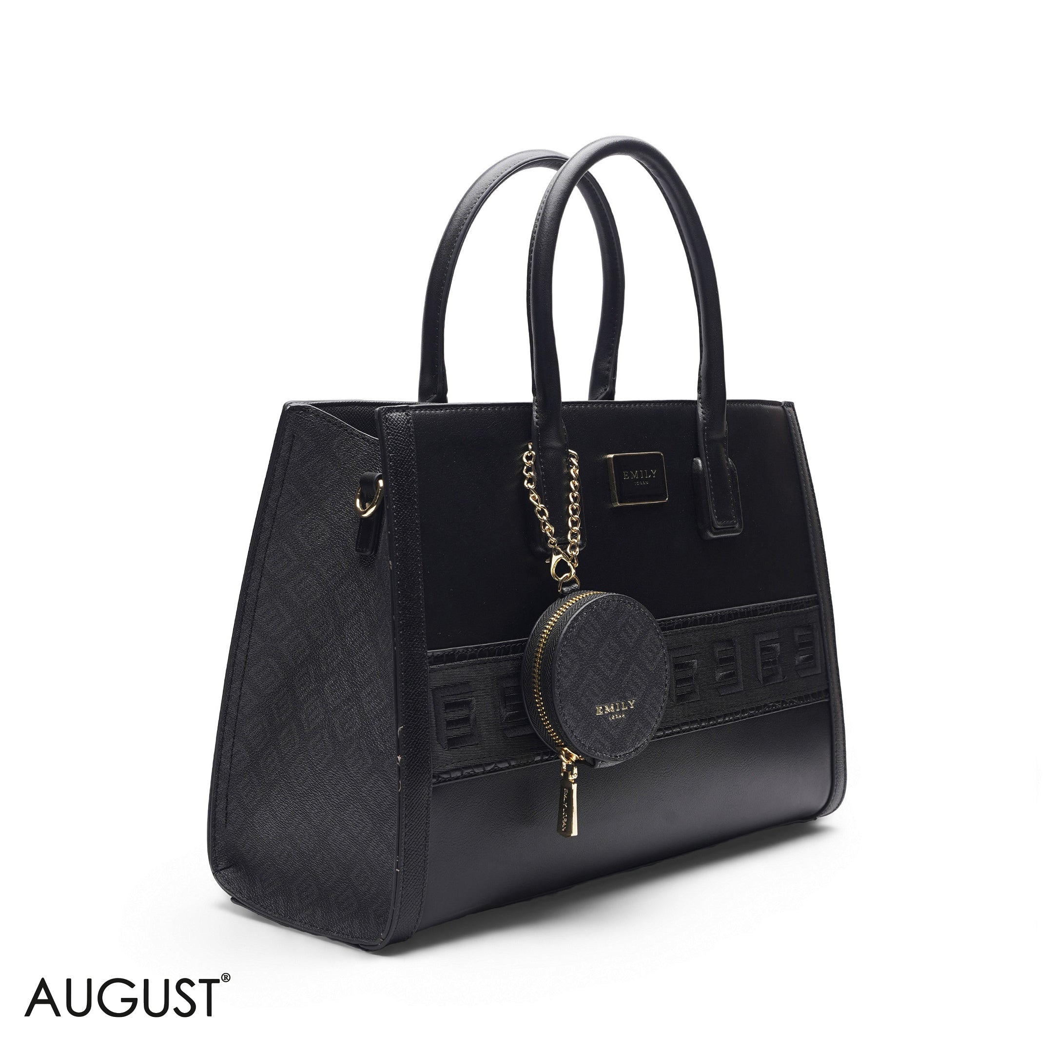 BLACK SOLID TOTE WITH STRAP & ROUND POUCH