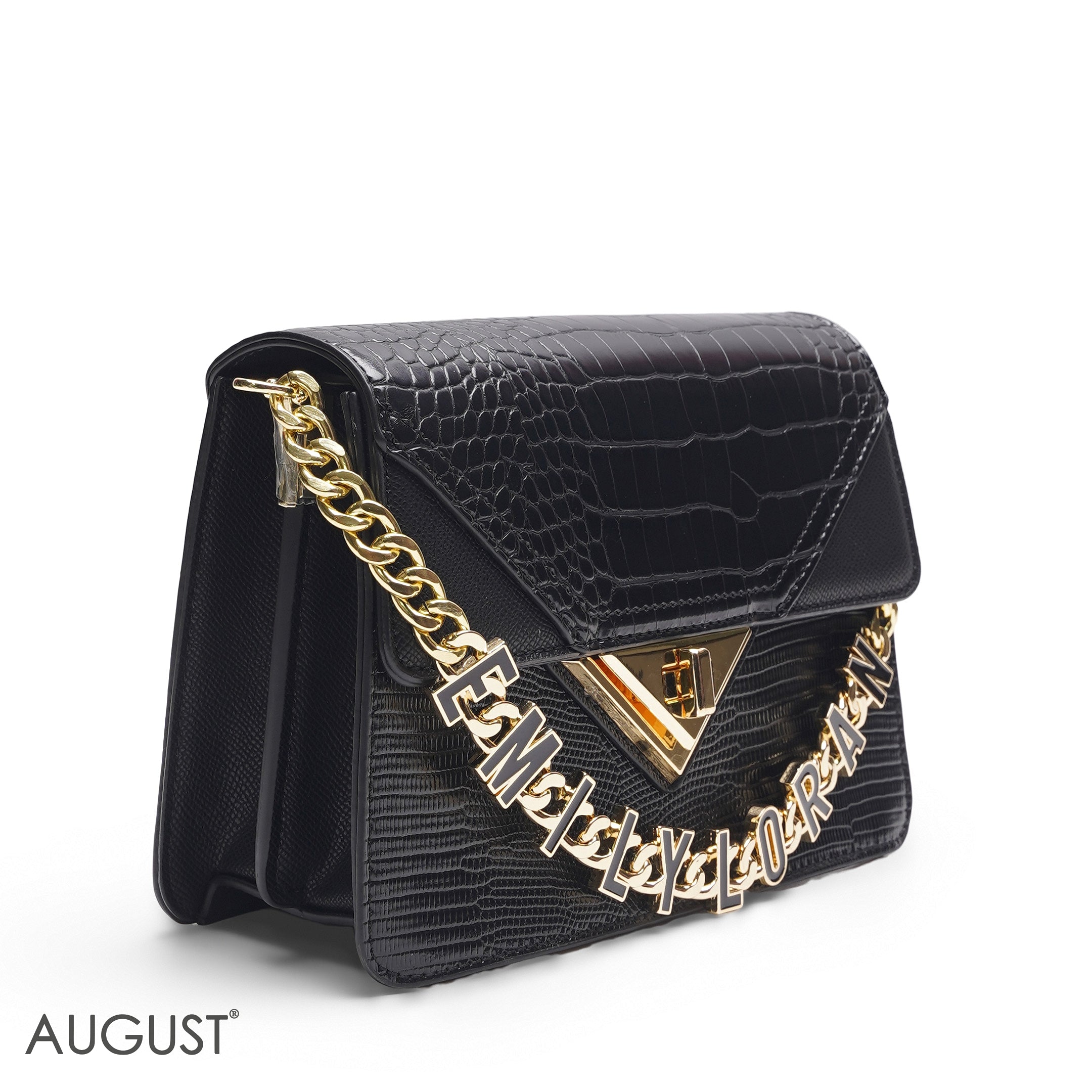 EMILY LORAN SOLID BLACK CROCODILE ENVELOPE BAG - MED