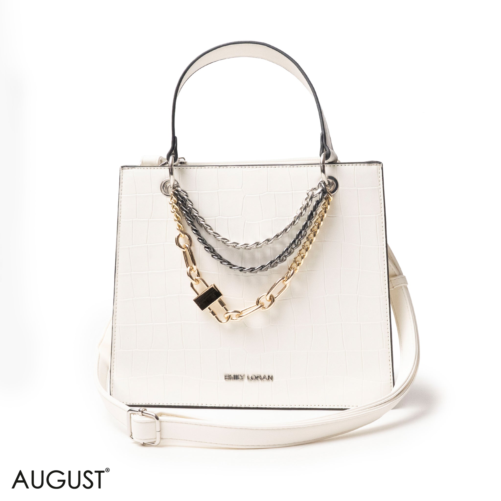 WHITE LEATHER HANDBAG WITH METAL CHAIN ACCENTS - MED