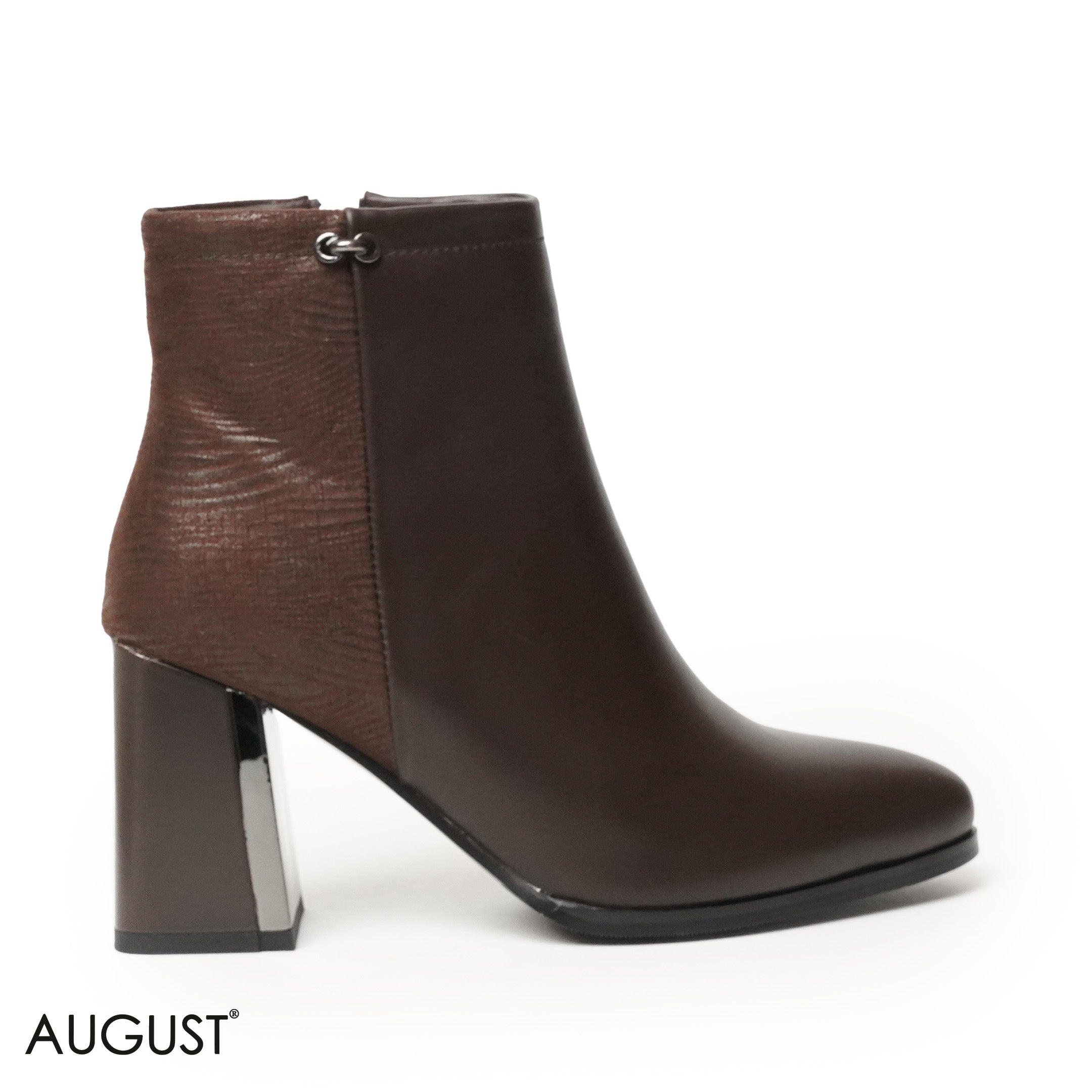 BROWN LEATHER HEELED ANKLE BOOTS WITH SUEDE TOUCH