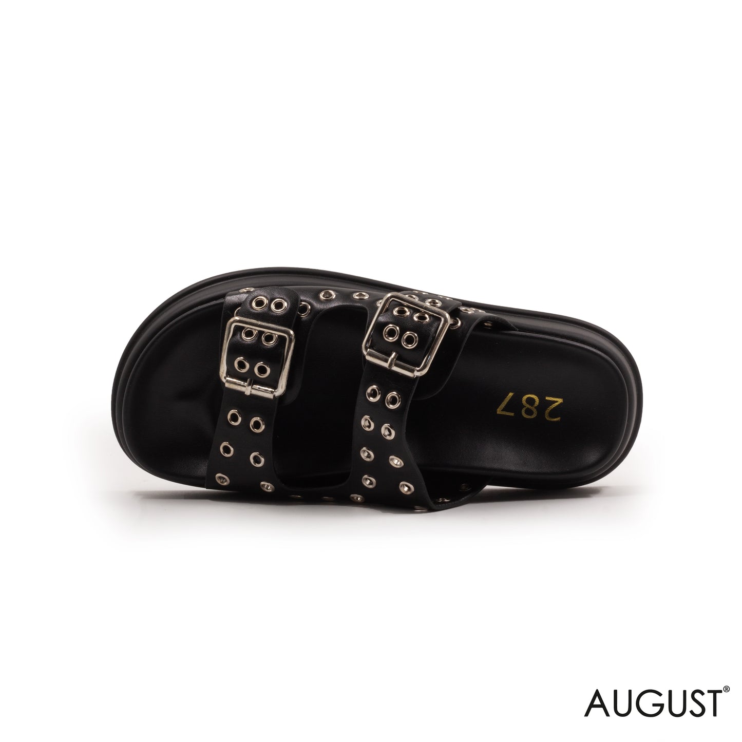 BLACK LEATHER SLIPPERS WITH METAL EYELETS AND BUCKLE
