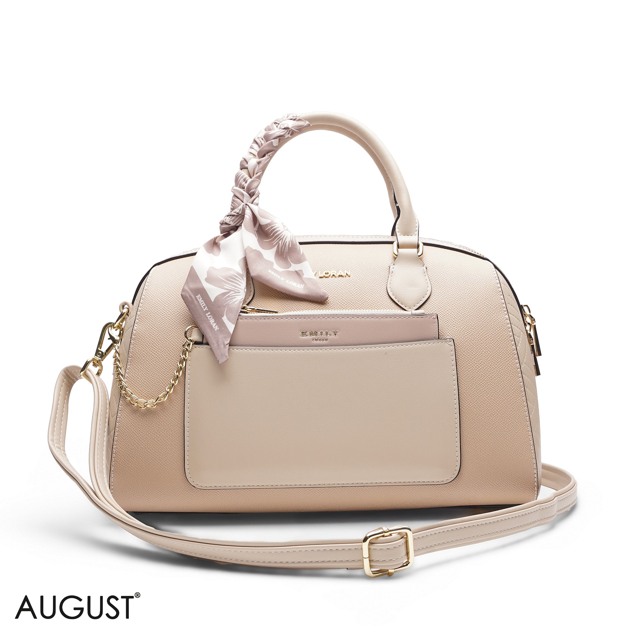 BEIGE FLORAL BAG WITH FRONT POUCH & SCARF - LARGE