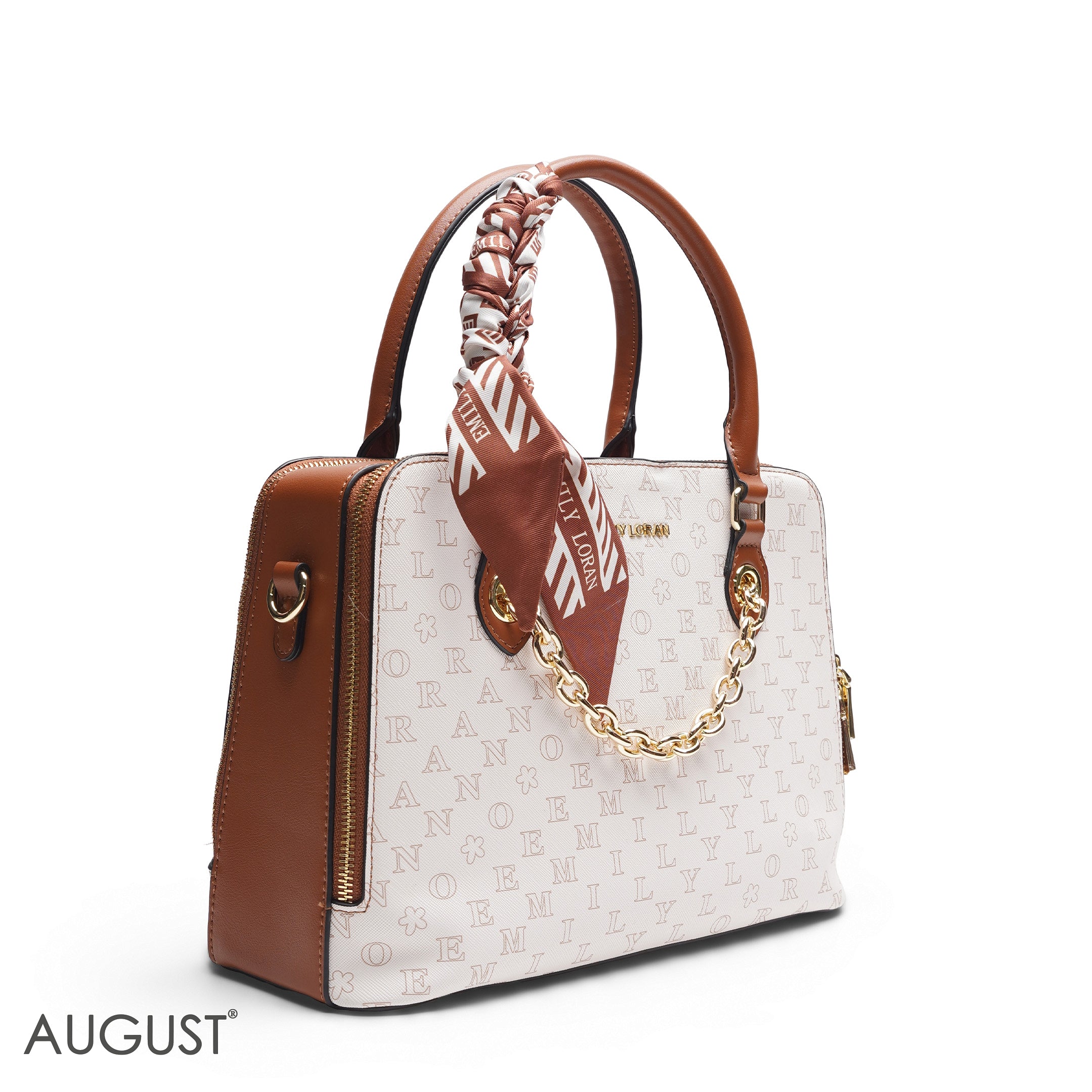 WHITE EMILY LETTER PRINT SATCHEL BAG WITH SCARF ACCENT - MED