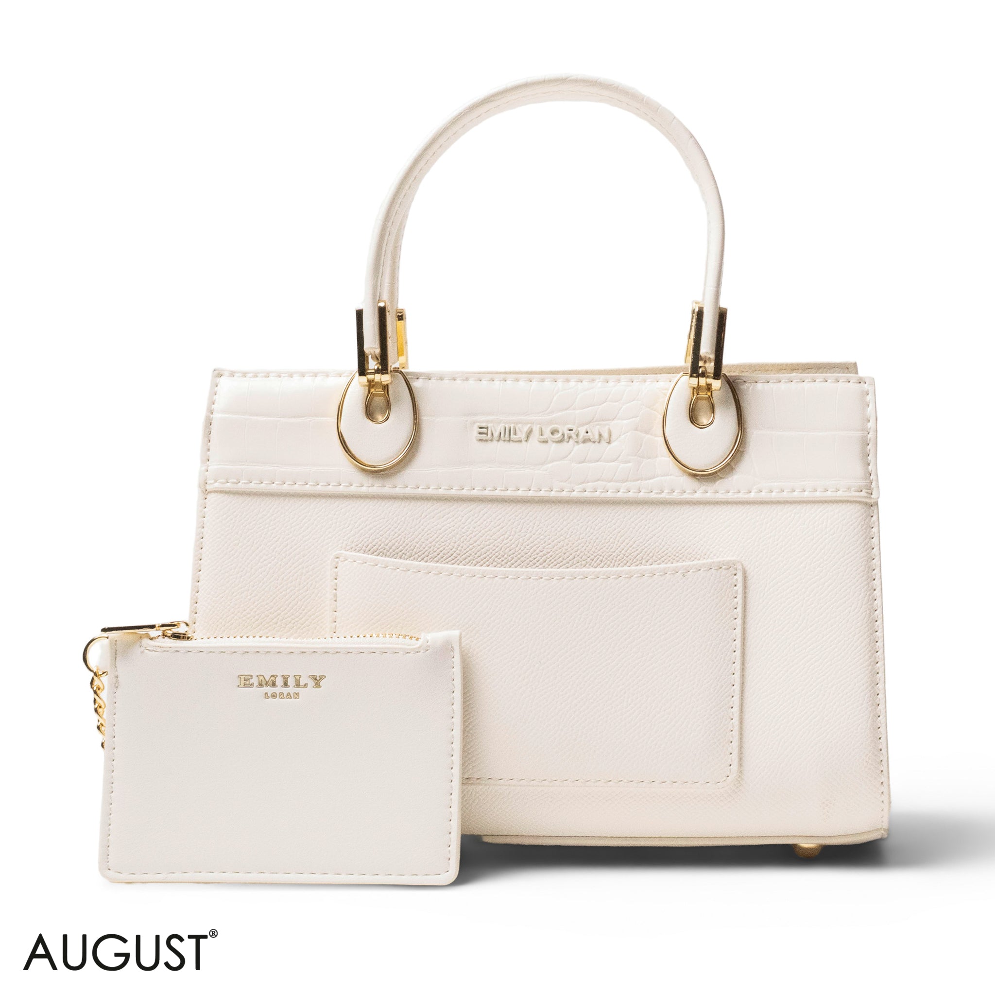 WHITE LEATHER SMOOTH HANDBAG WITH CROC DETAILS-SMALL