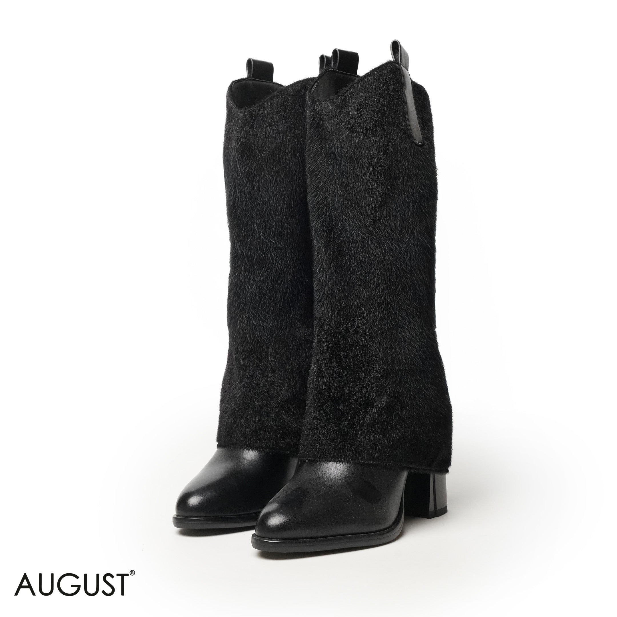 BLACK LEATHER HEELED LONG BOOTS WITH FAUX FUR DESIGN