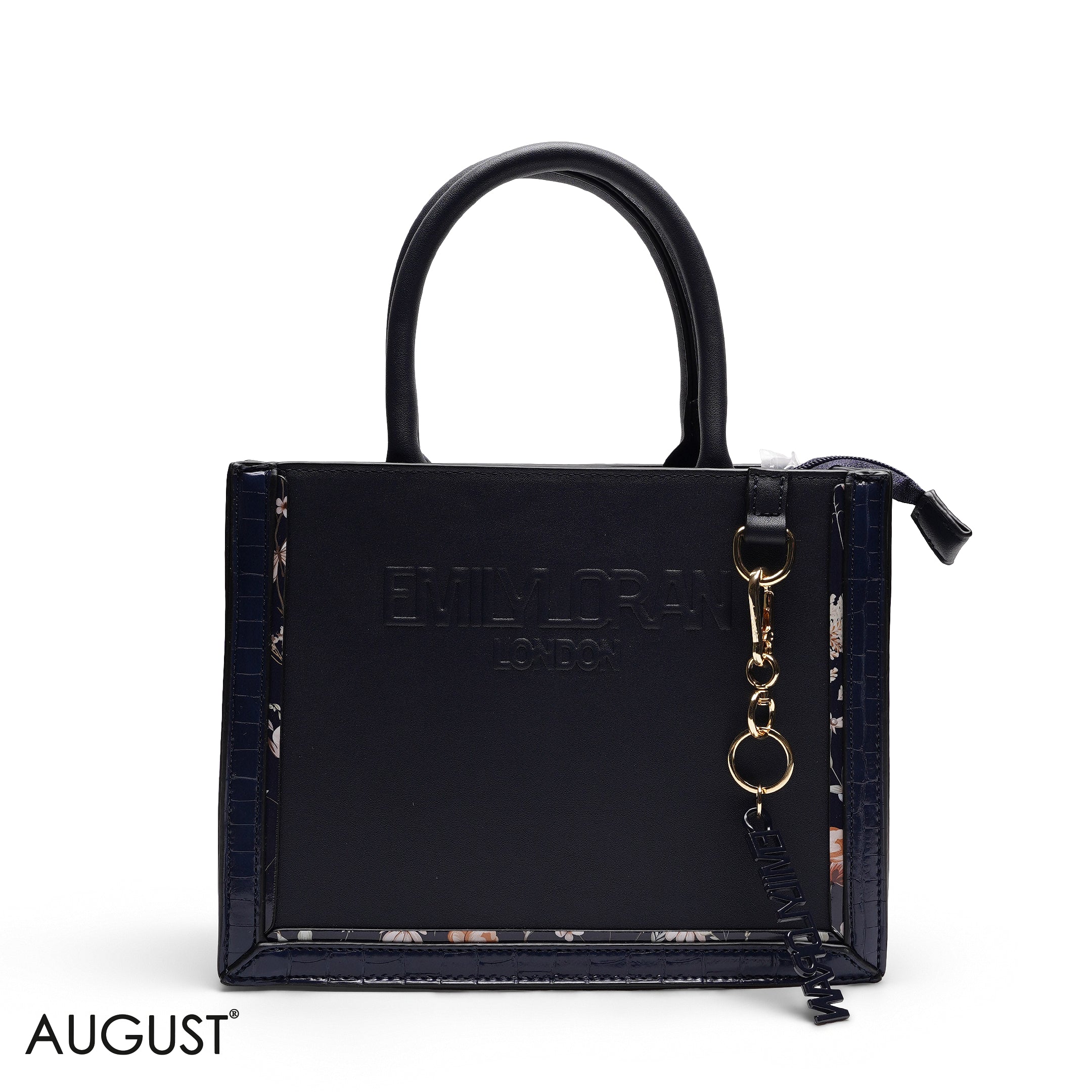 NAVY BLUEE EMBOSSED LOGO SQUARE TOP HANDLE BAG