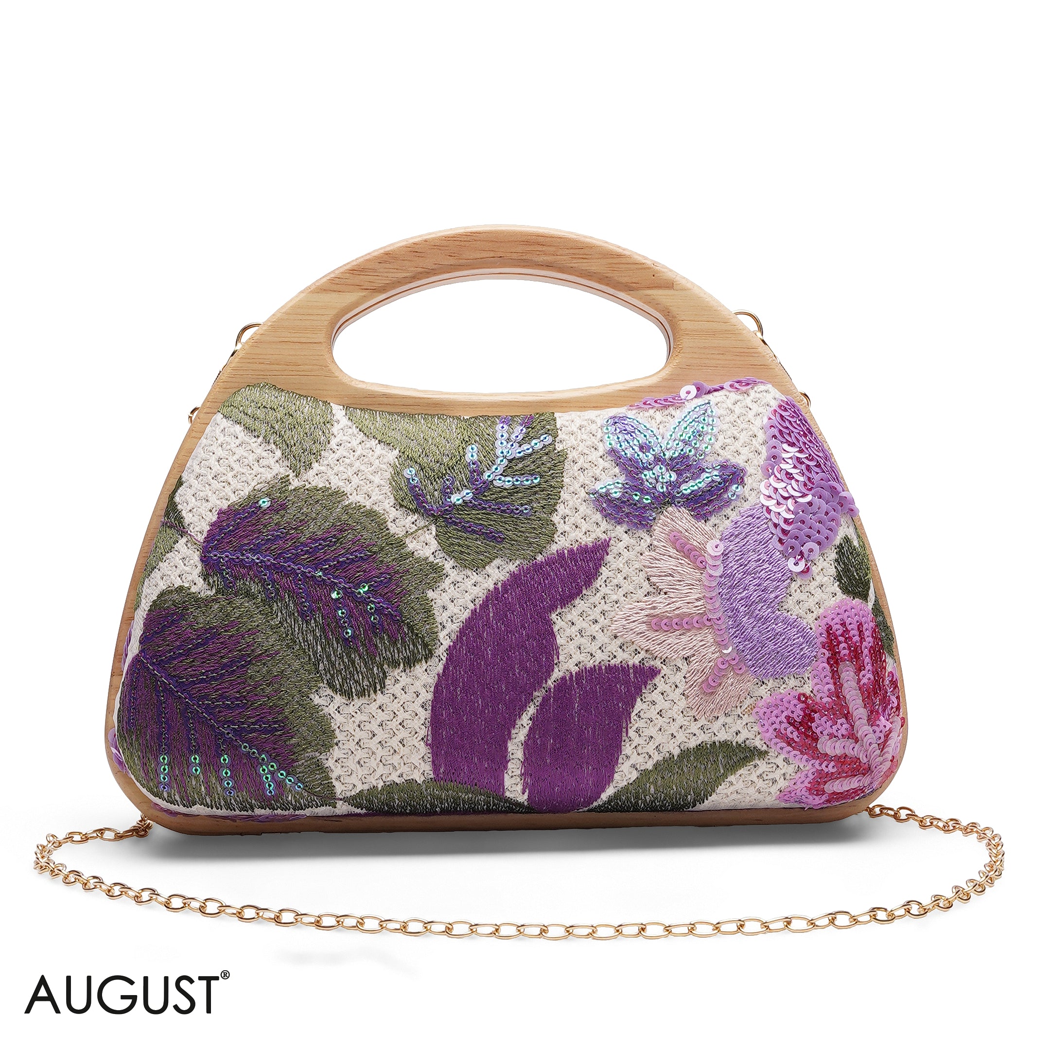 FLORAL EMBROIDERY WOODEN HANDLE CLUTCH