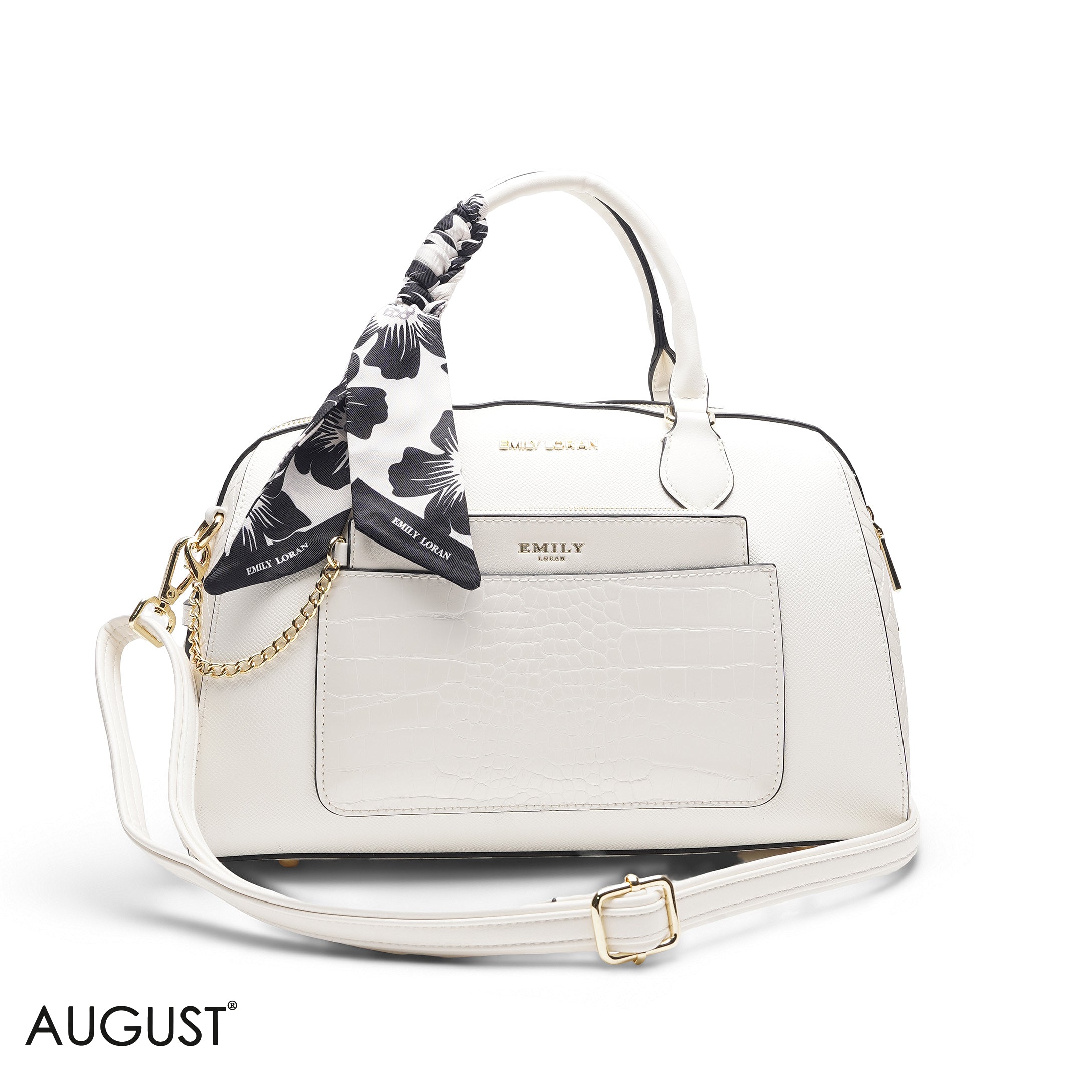 WHITE FLORAL BAG WITH FRONT POUCH & SCARF - LARGE