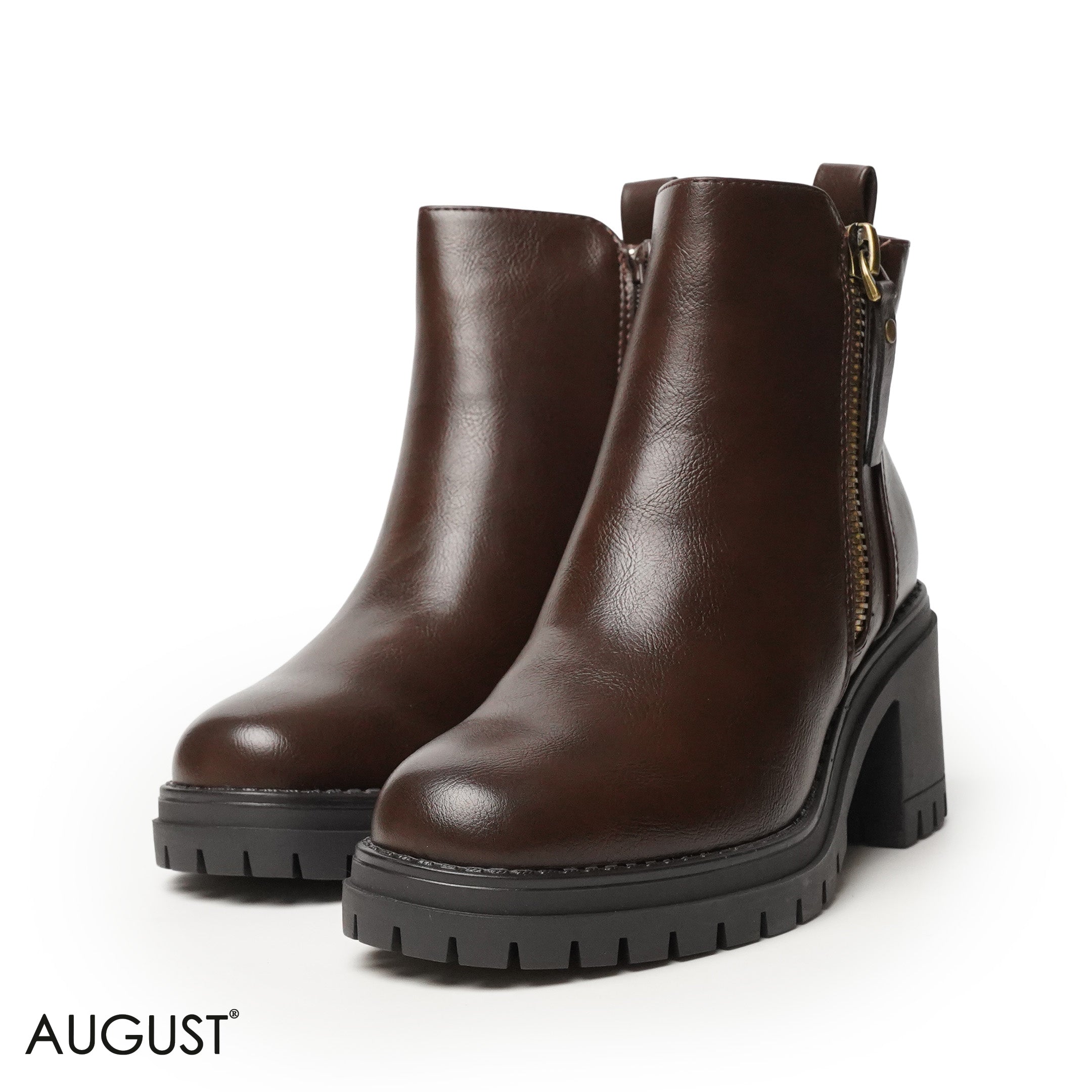 BROWN LEATHER HEELED BOOTS WITH ZIPPER