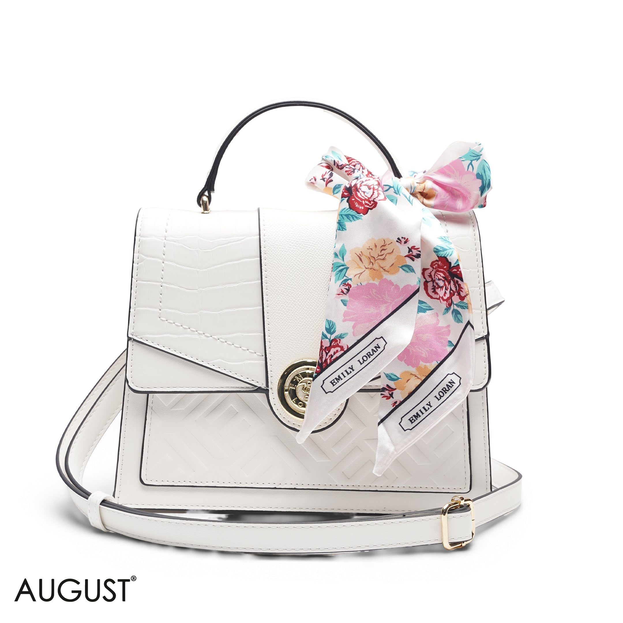 CROC EMBOSSED SCARF WHITE TOP HANDLE BAG -