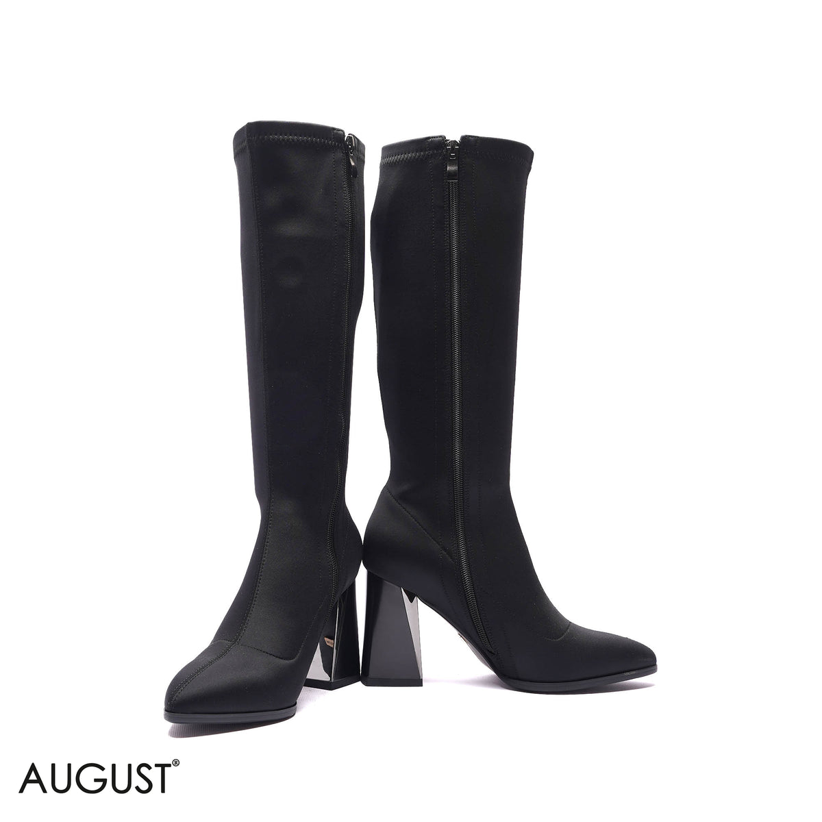 STRETCH KNIT KNEE-HIGH BLOCK HEEL BOOTS