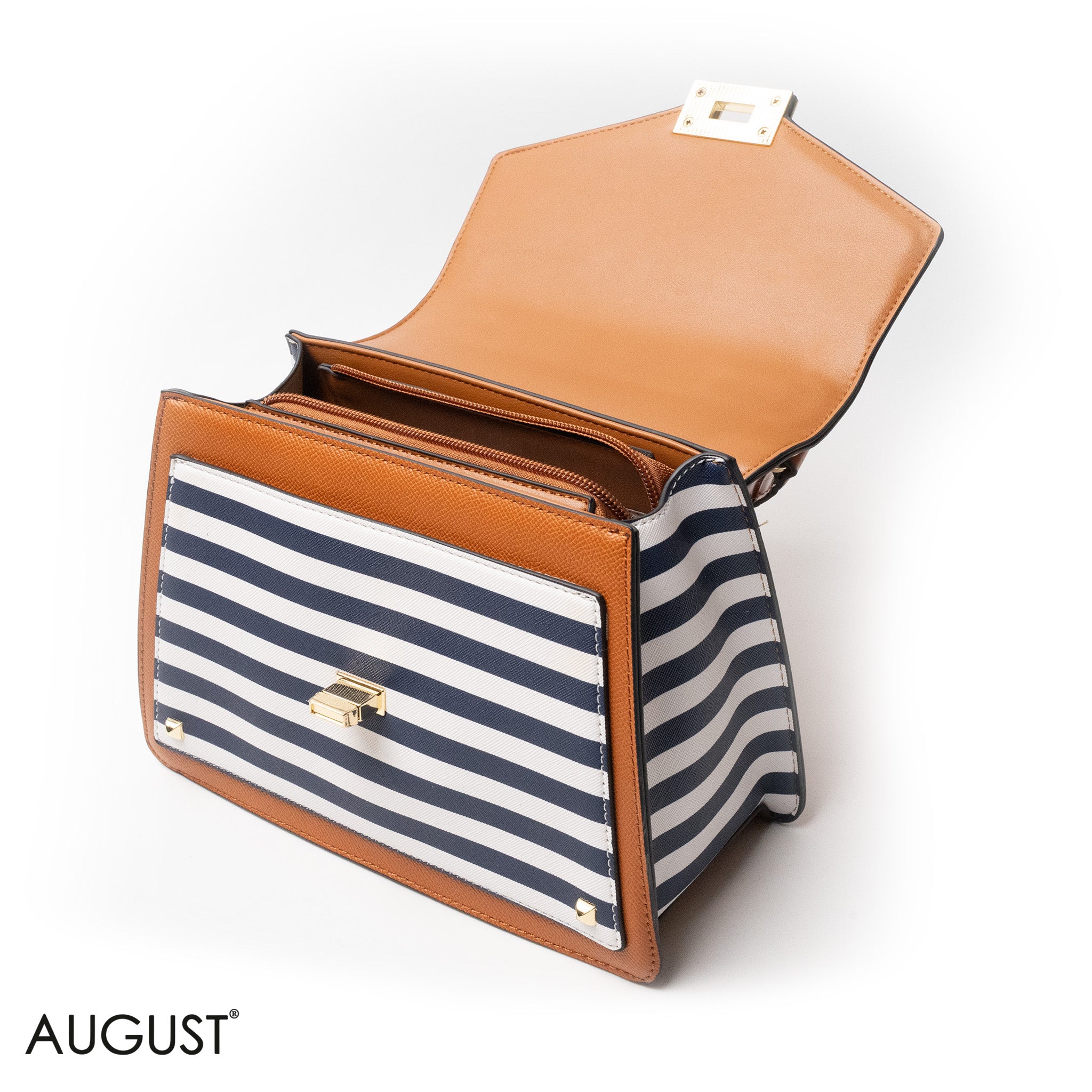STRIPED NAVY LEATHER HANDBAG WITH FLAP - MED