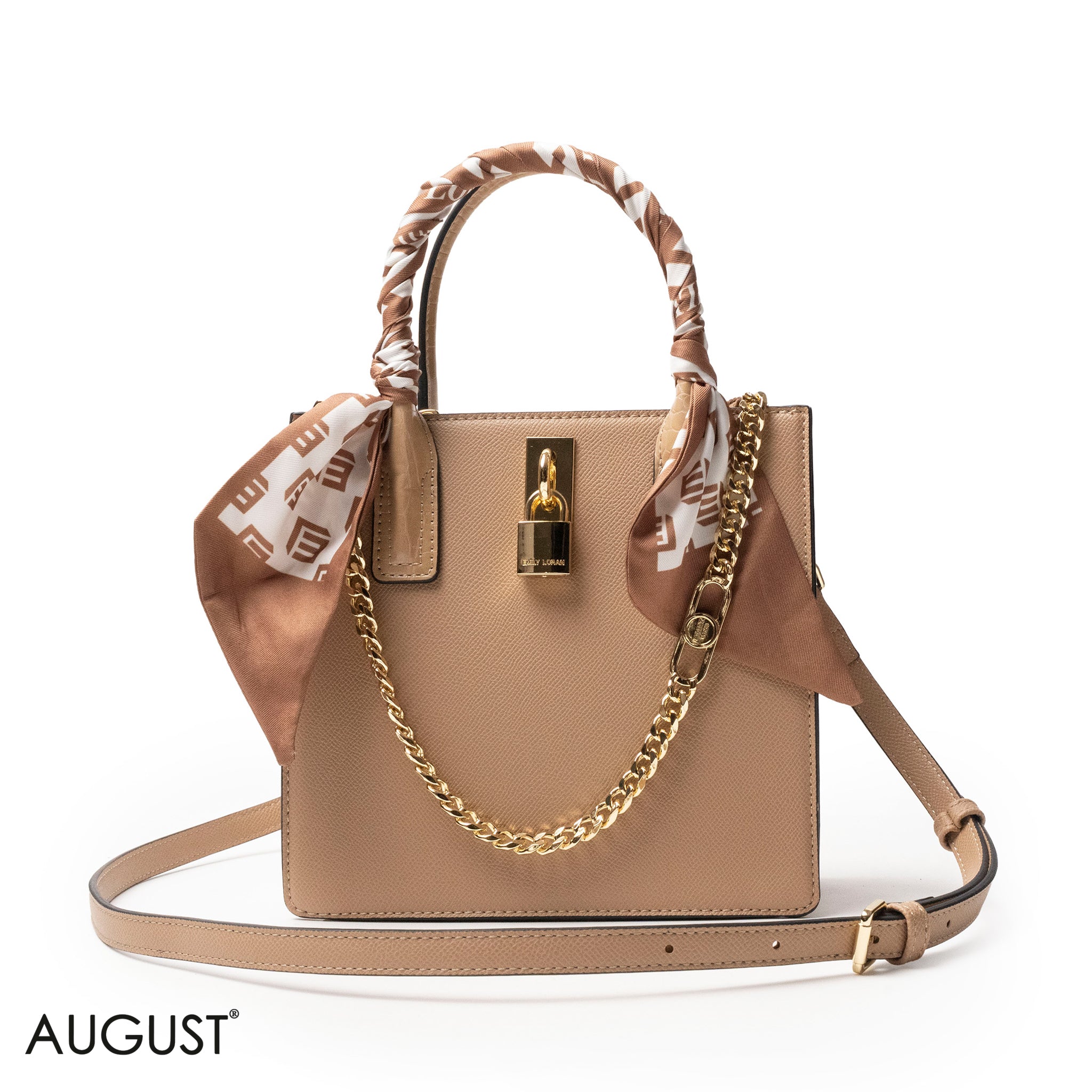 BEIGE LEATHER HANDBAG WITH SILKY SCARF, METAL CHAIN - MED