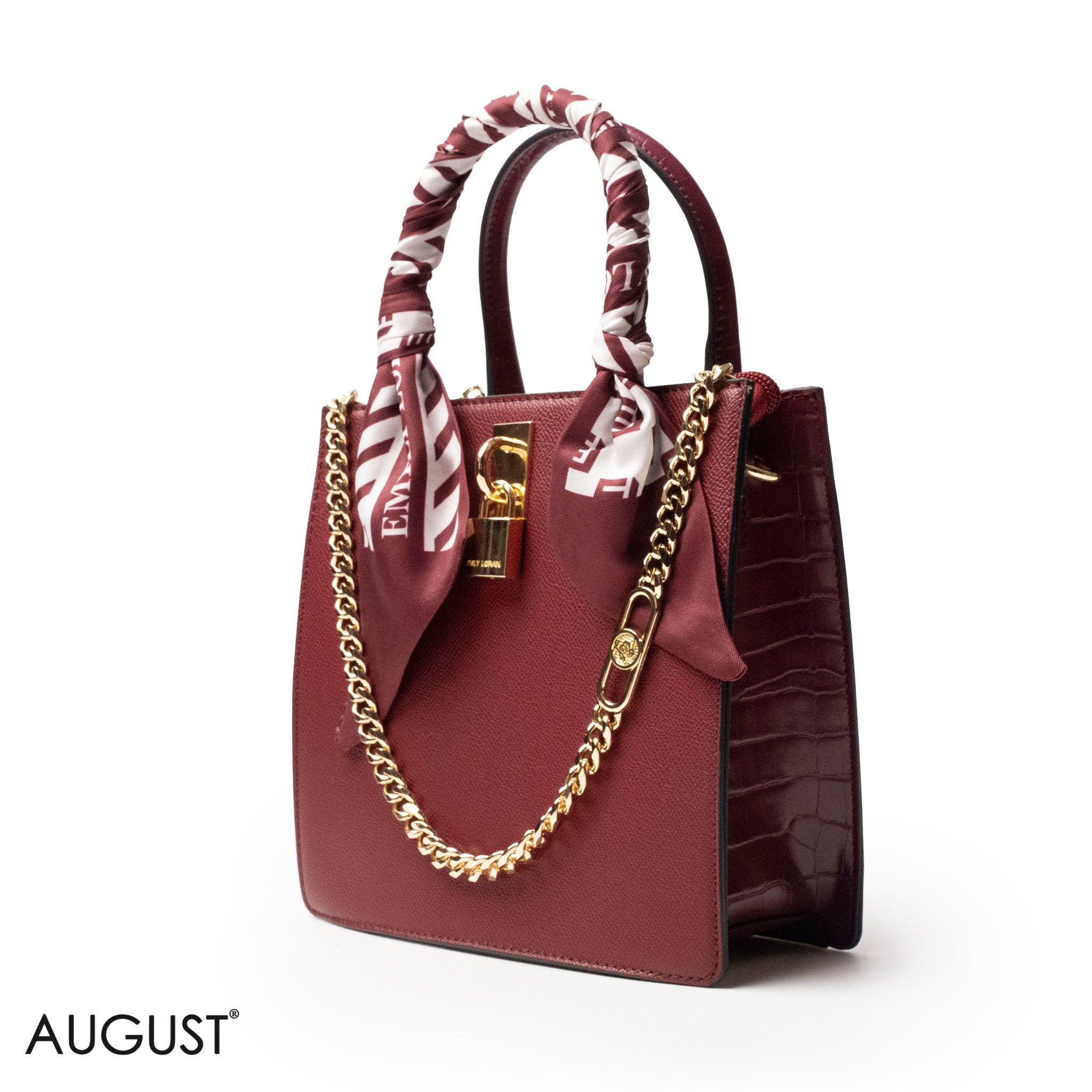 MAROON LEATHER HANDBAG WITH SILKY SCARF, METAL CHAIN - MED