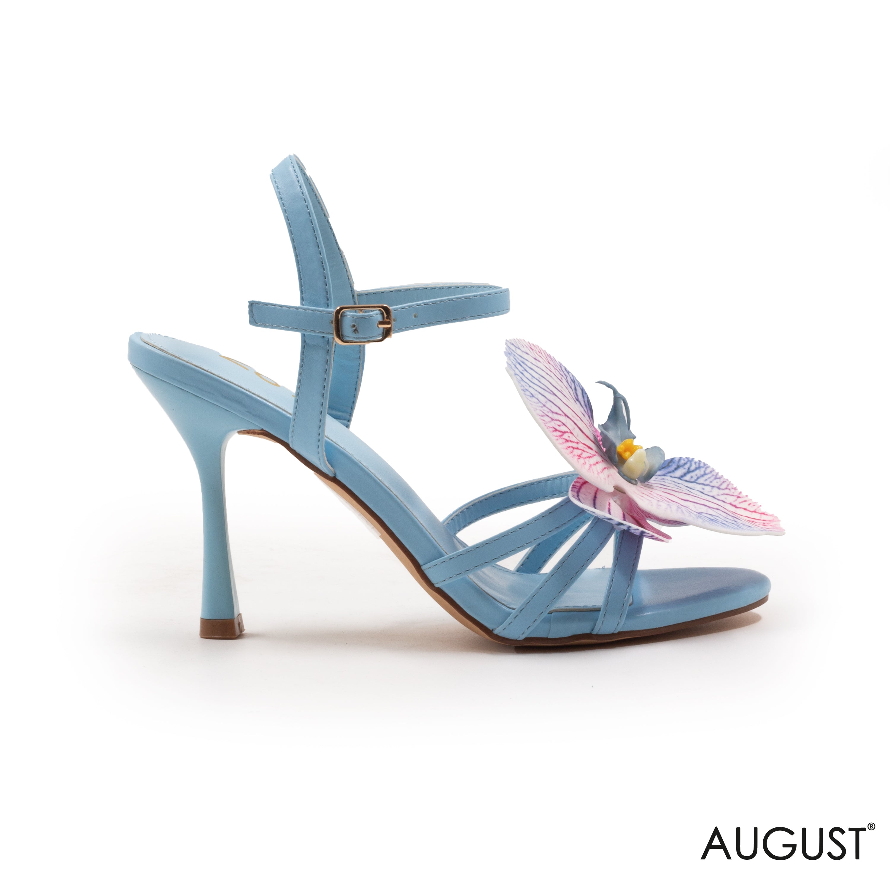 BLUE LEATHER HEELED SANDAL WITH DETAILS FLOWER