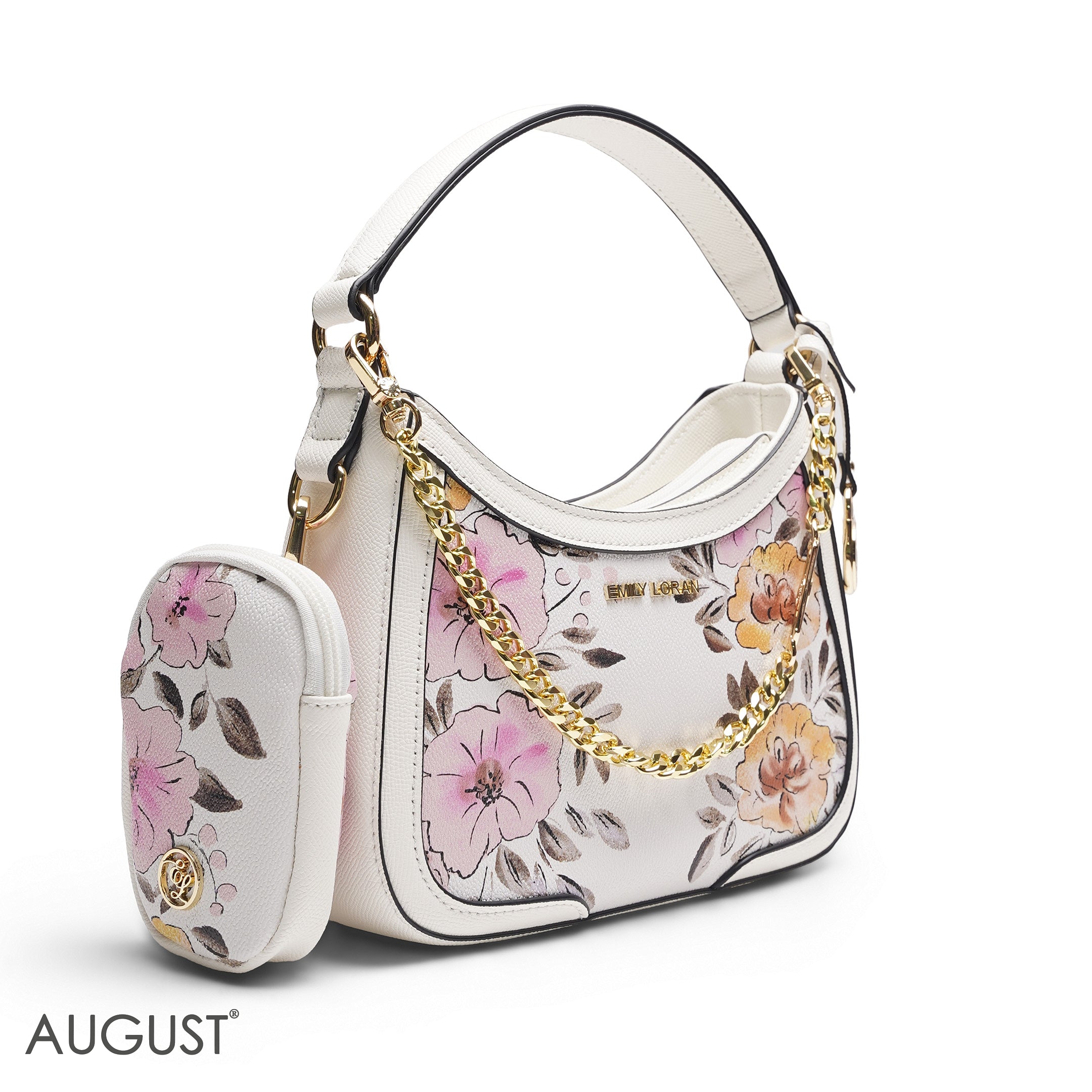 WHITE FLORAL HOBO BAG WITH SIDE POUCH (PINK & ORANGE)