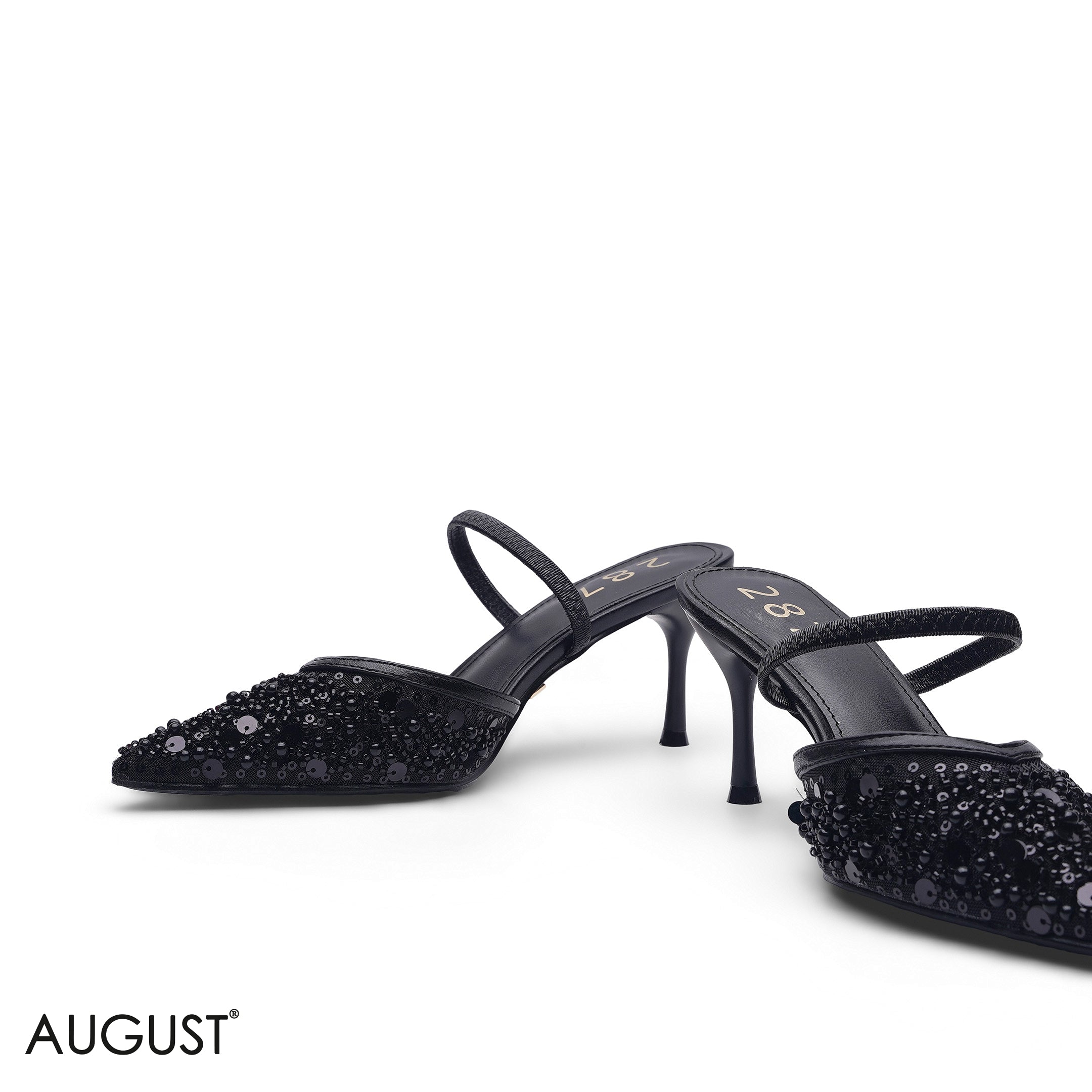BLACK MESH POINTED-TOE HEELS WITH SEQUIN EMBELLISHMENTS