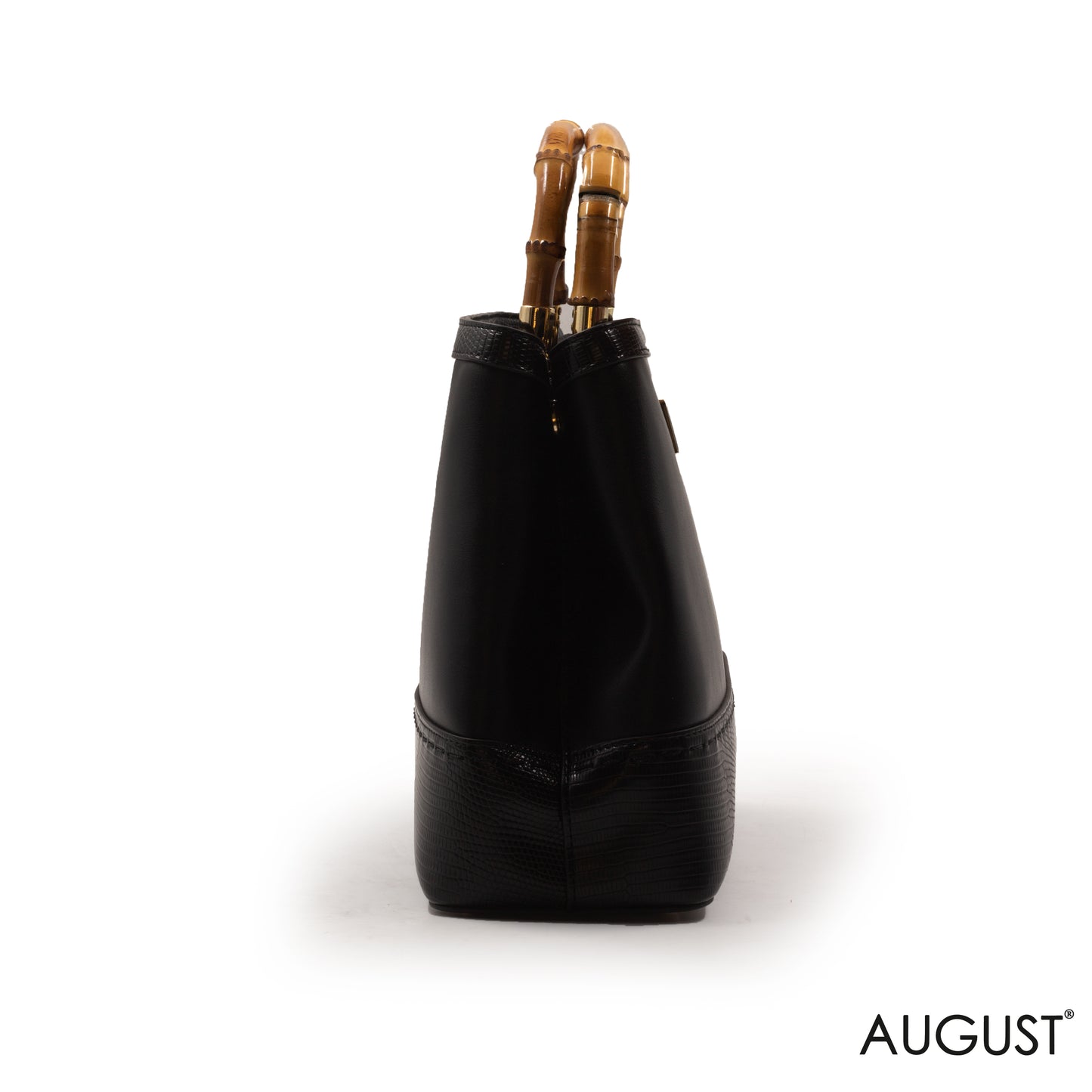 LEATHER BLACK BAG WITH BAMBOO-HANDLED -MED