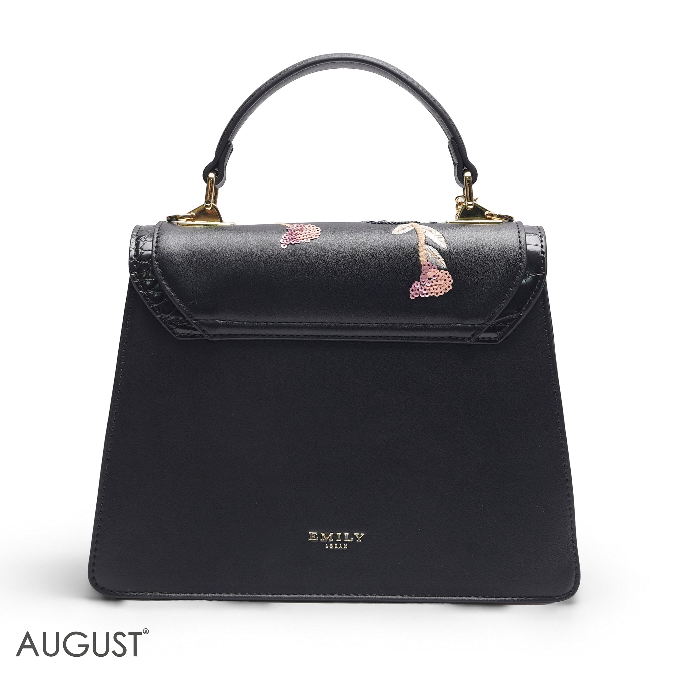 BLACK SEQUIN FLORAL SATCHEL WITH ROUND POUCH