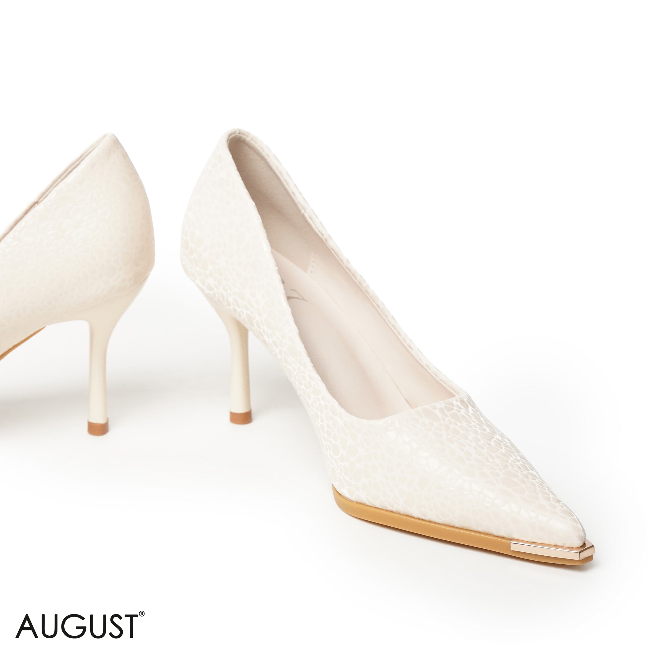 BEIGE GLOSSY LEATHER HEELS WITH CROC ACCENTS